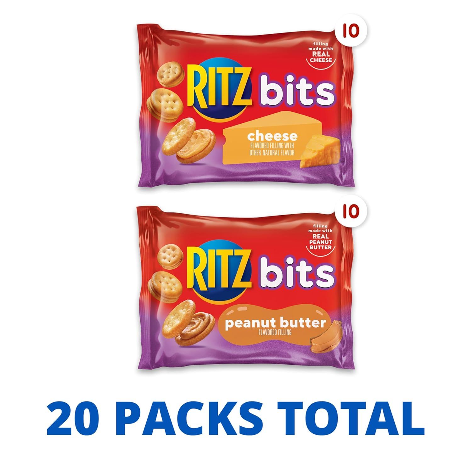 Shows the customer exactly what they receive in the purchase: 20 total packs including 10 cheese and 10 peanut butter varieties, helping them understand the bundle composition and value.