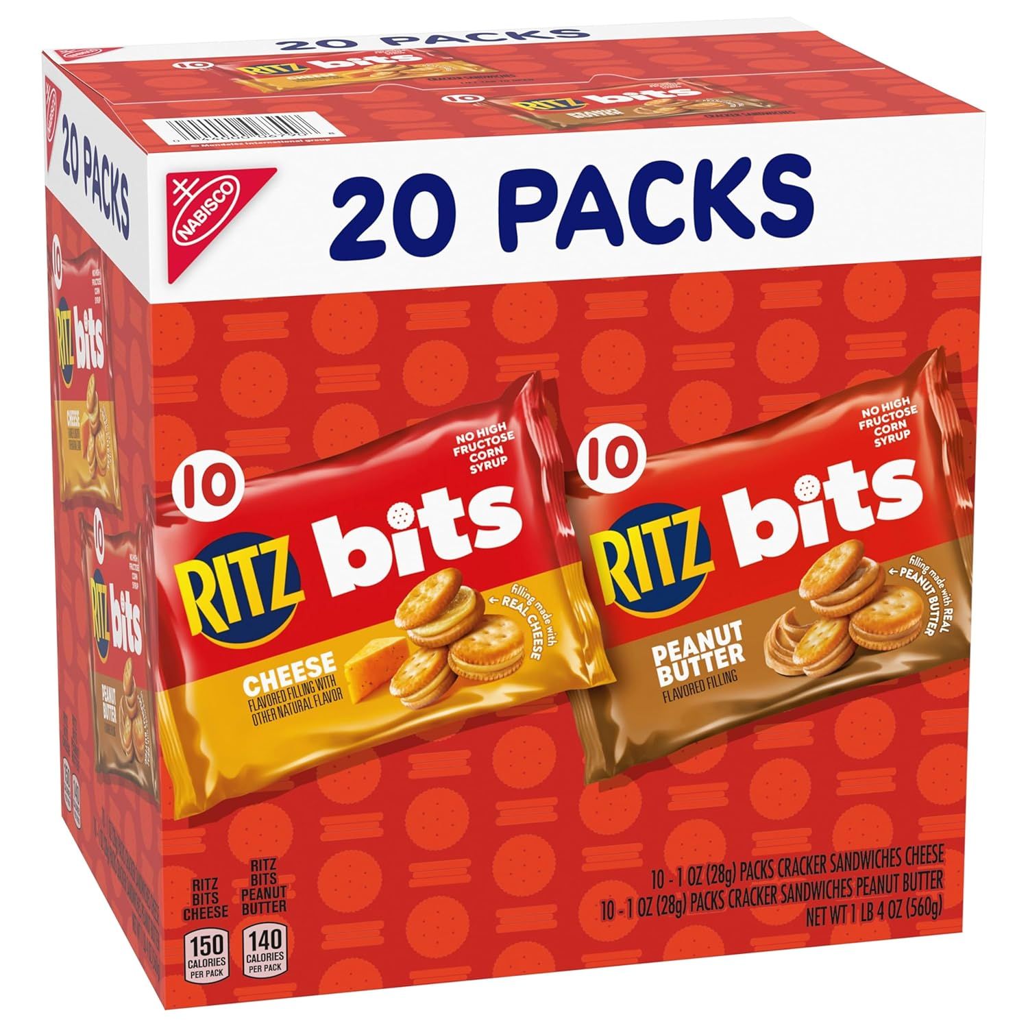 Shows shoppers exactly what they receive in the bundle: 20 individual packs of RITZ Bits in two flavors (Cheese and Peanut Butter), helping them understand the quantity and variety included.