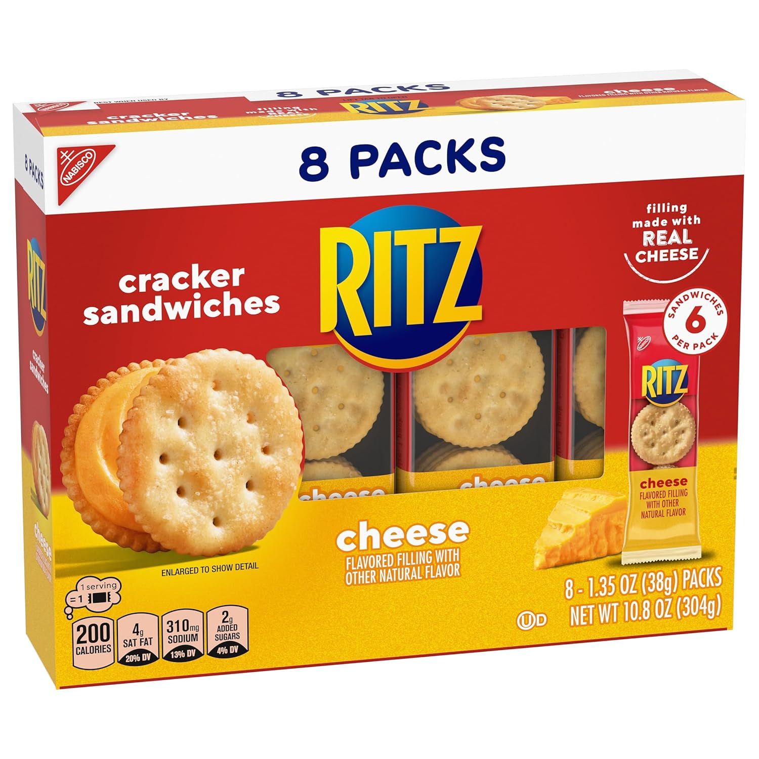 Shows the shopper exactly what they receive in the package: 8 individual packs with 6 cracker sandwiches each, helping them understand the quantity and portion structure.