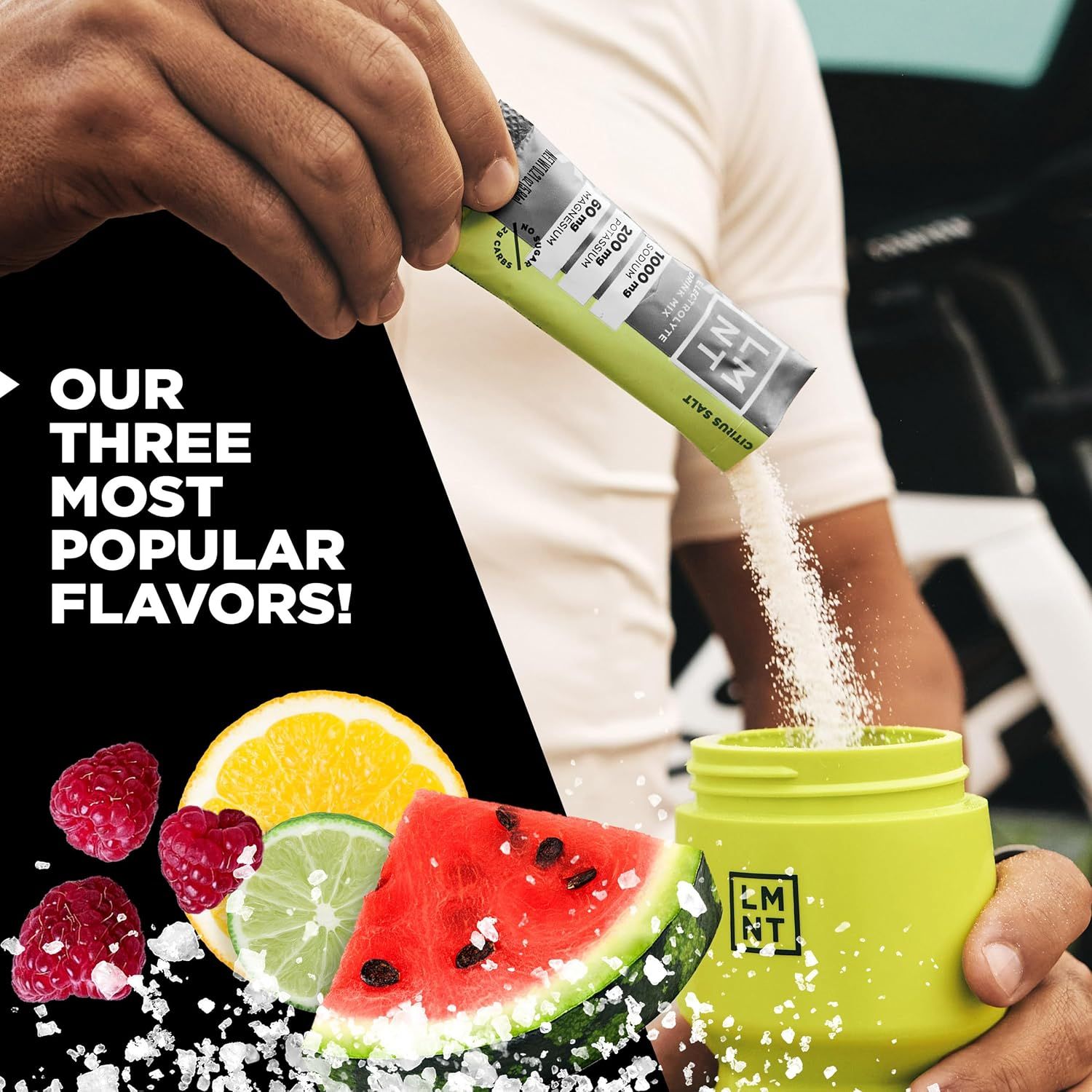 Showcases the brand's three most popular flavor options (raspberry, lemon, lime, watermelon) to help shoppers understand the variety available and guide…