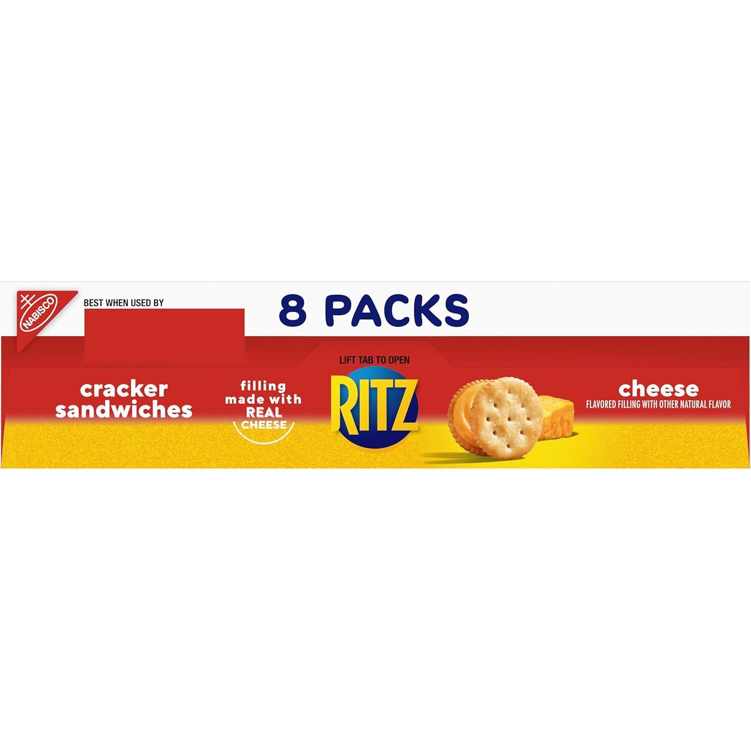 Communicates the quantity and contents of the package, highlighting that the product includes 8 packs of cracker sandwiches made with real cheese filling.