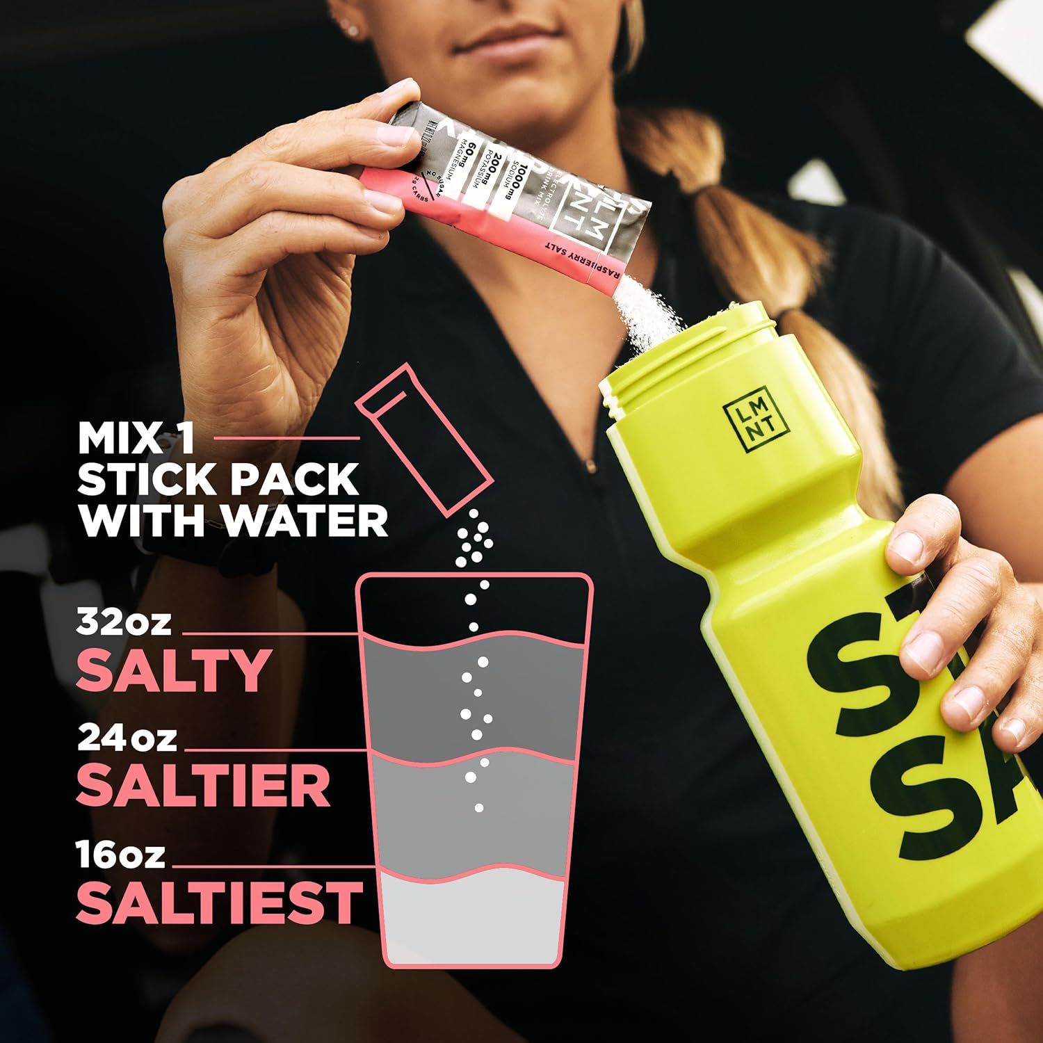 Demonstrates how to prepare the electrolyte drink by mixing one stick pack with water, showing the proper ratios for different saltiness levels to help…