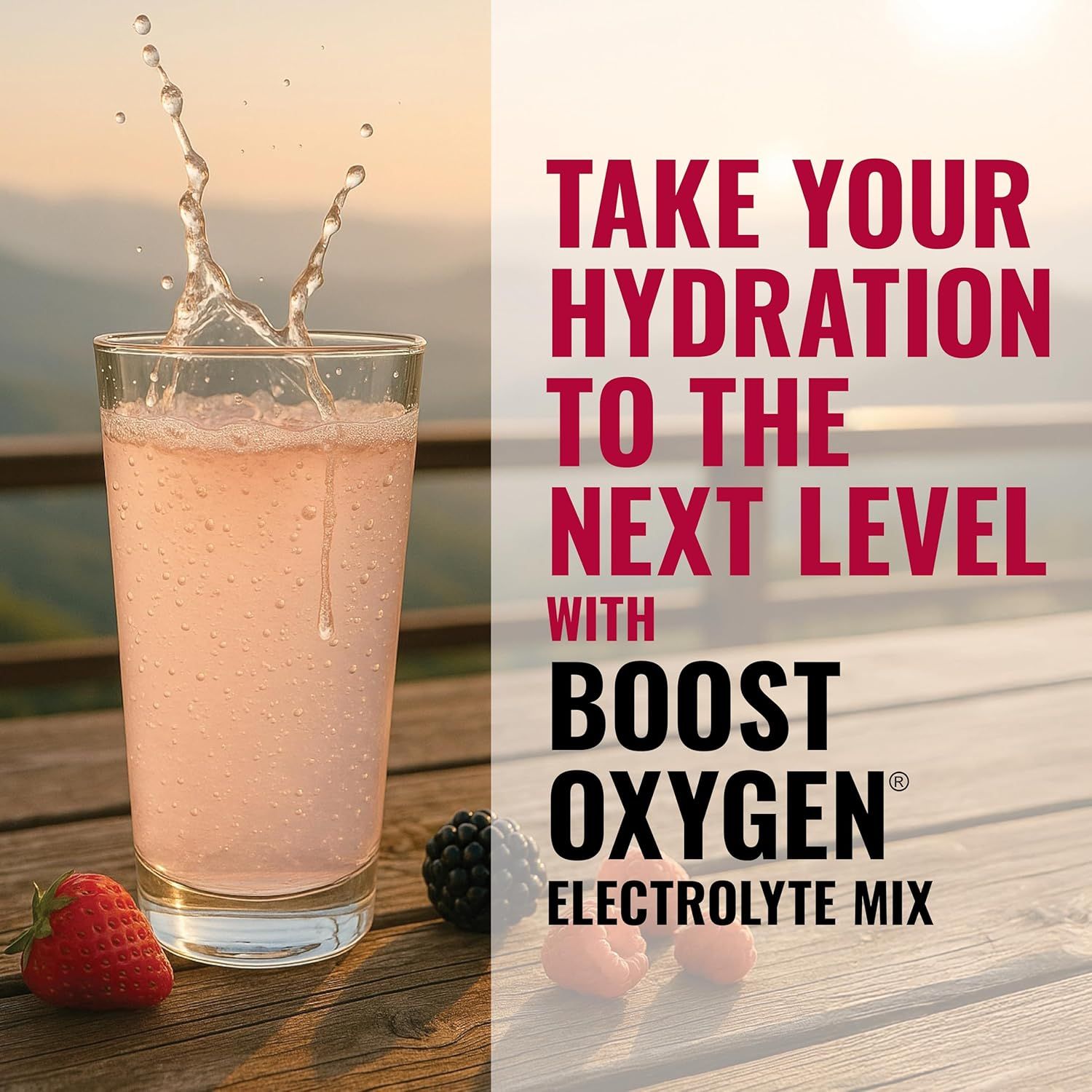 Establishes brand identity and positions Boost Oxygen Electrolyte Mix as a premium hydration solution that elevates everyday wellness.
