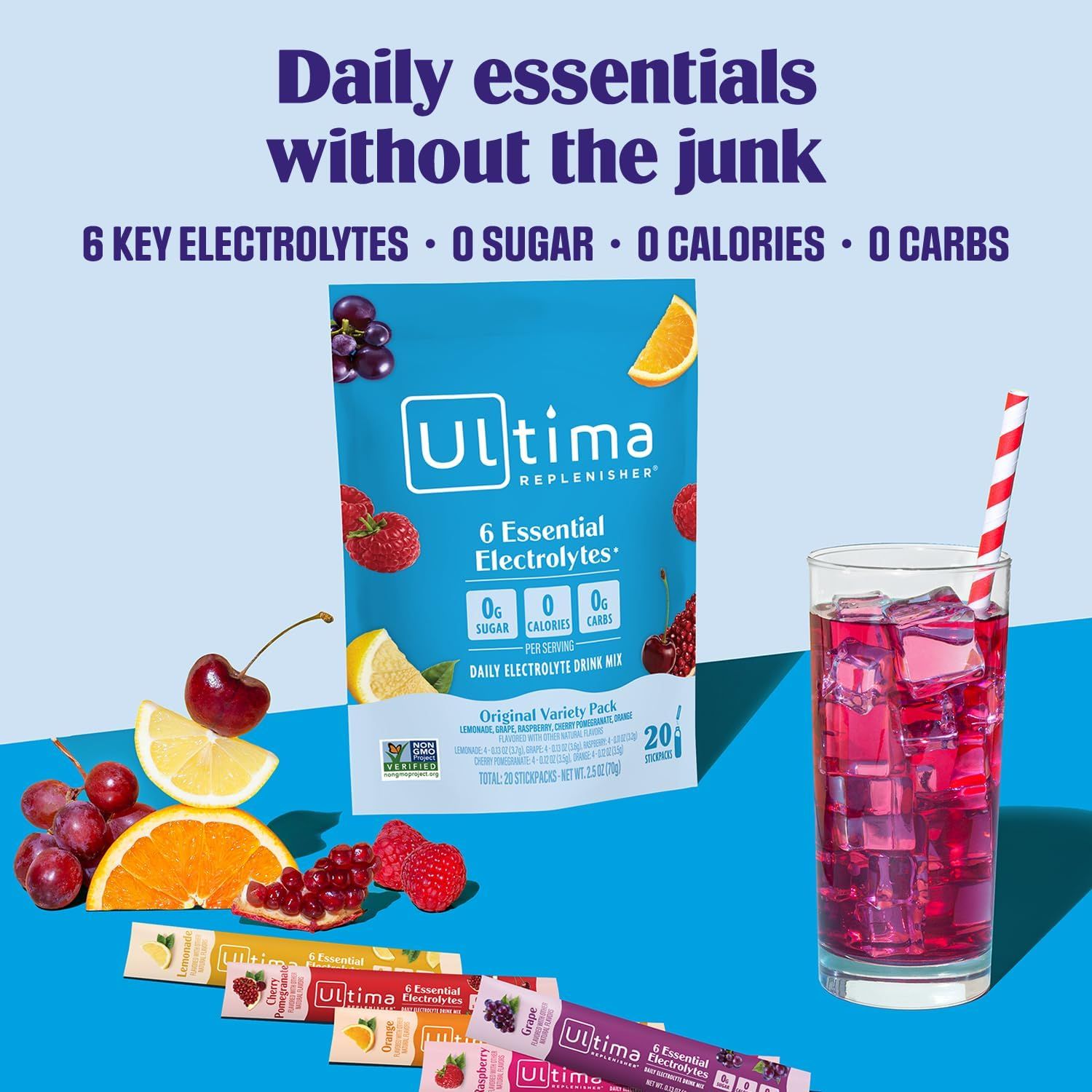 Communicates multiple nutritional benefits of the electrolyte drink mix to reassure health-conscious shoppers that they can hydrate without unwanted ingredients.