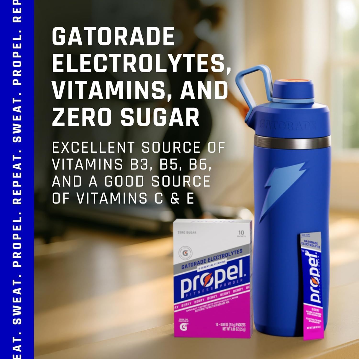 Communicates the key nutritional benefits of the Gatorade Propel product to reassure shoppers it provides hydration with vitamins and no sugar.