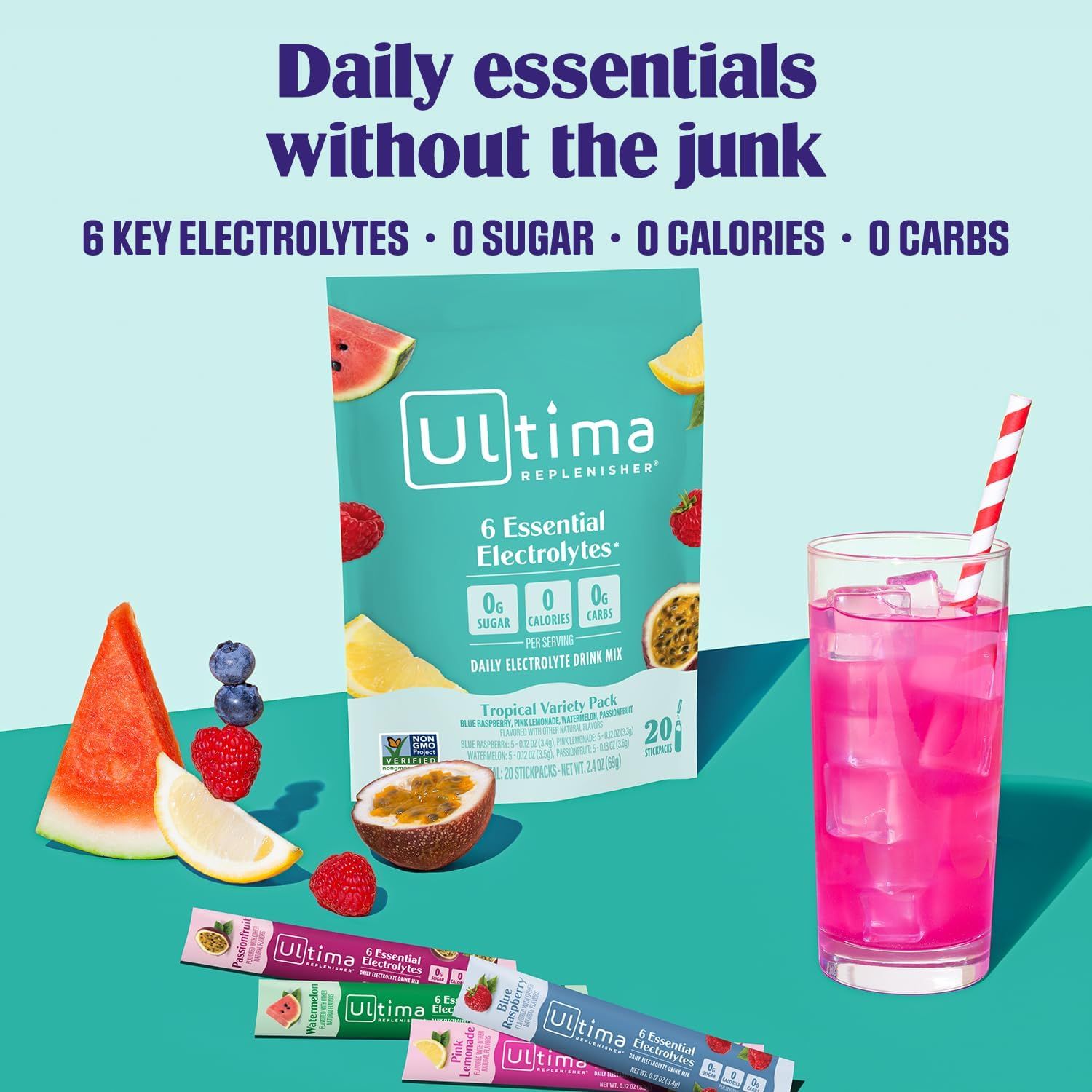 Communicates multiple nutritional benefits of the electrolyte drink mix to reassure health-conscious shoppers that they can hydrate without unwanted ingredients.