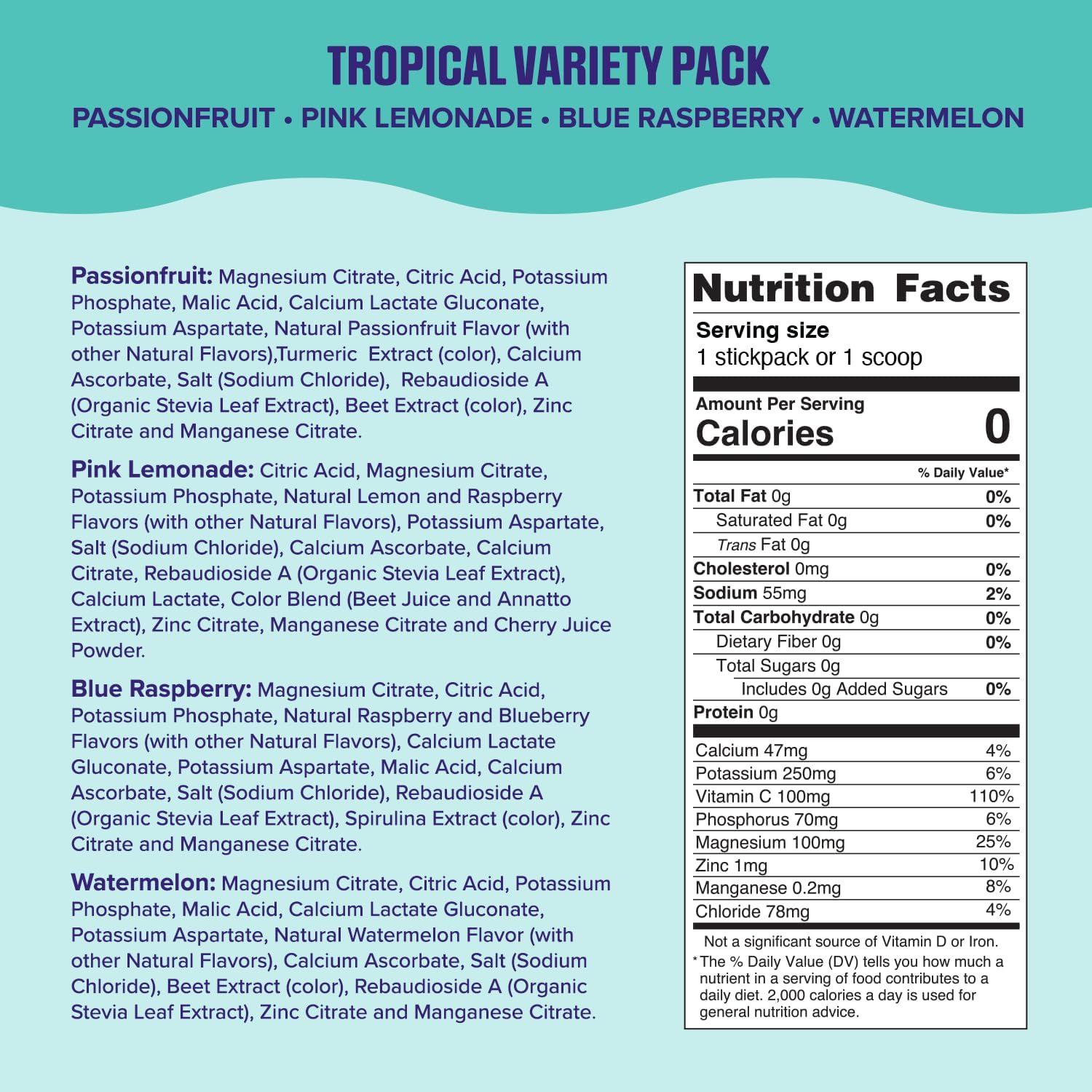Showcases the brand's product lineup by displaying all four flavor options available in the tropical variety pack, helping shoppers understand the variety…
