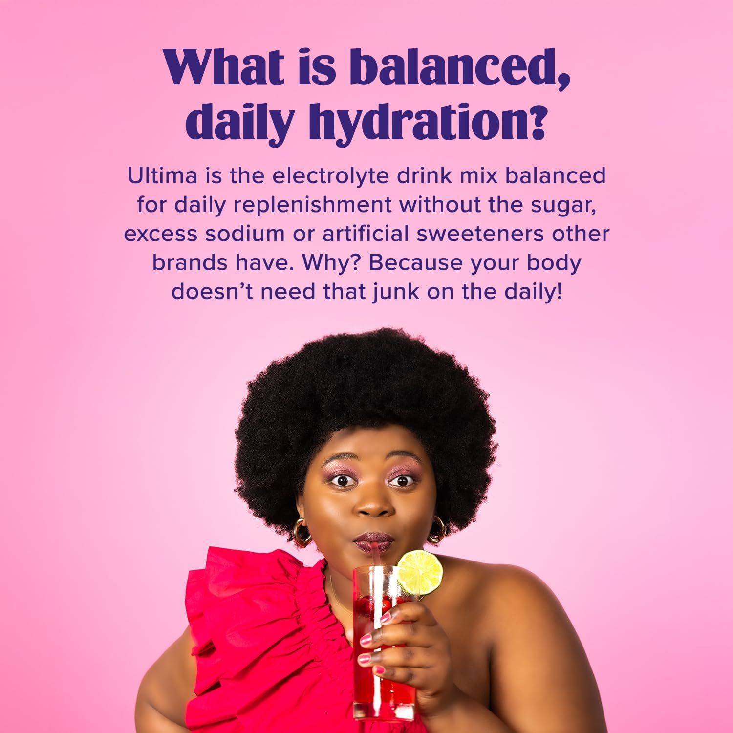 Positions Ultima as a healthier, cleaner electrolyte drink by contrasting it with competing brands that contain sugar, excess sodium, and artificial…