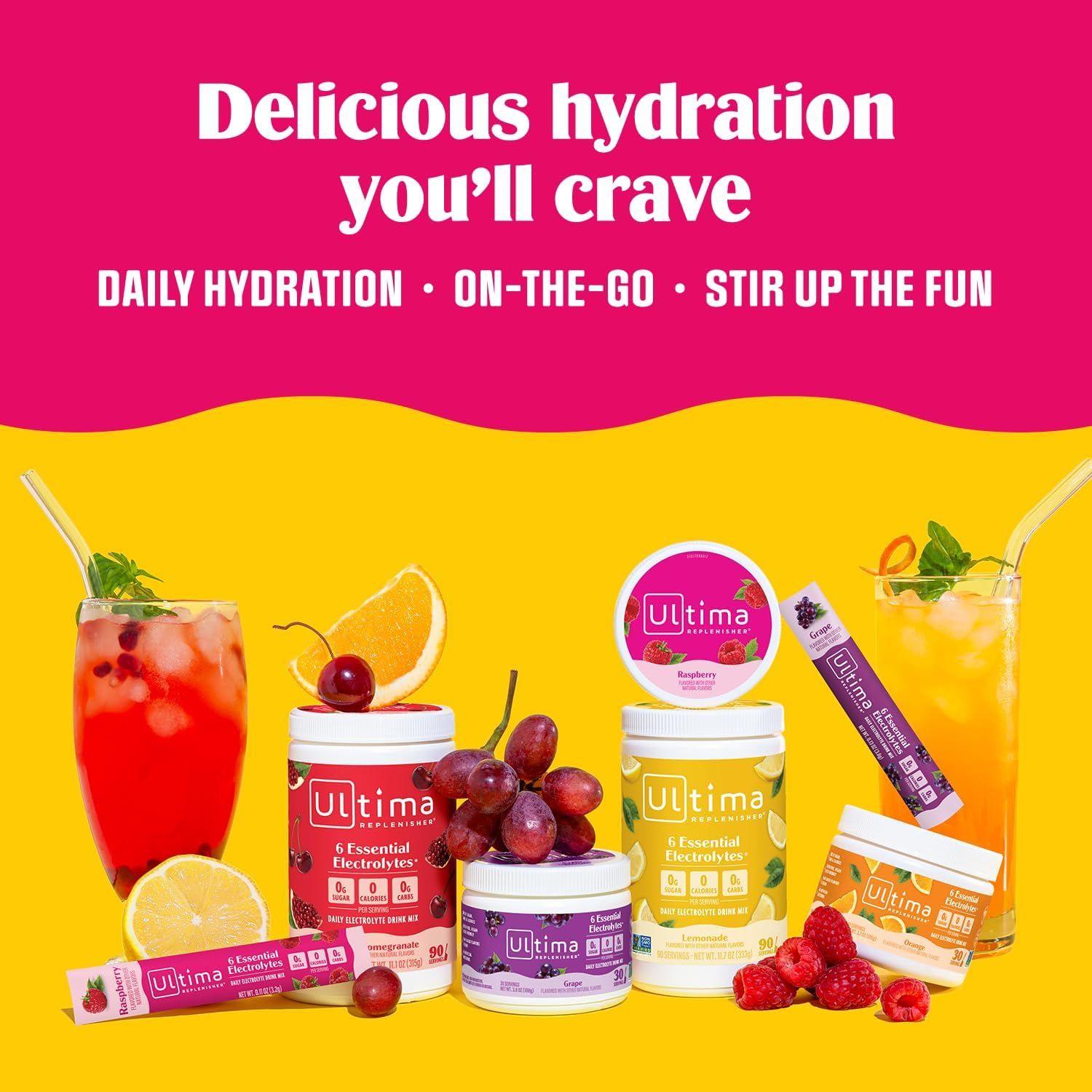 Showcases the Ultima Replenisher product line with multiple flavors and formats (tubs, sticks, canisters) while reinforcing the brand's core messaging around…