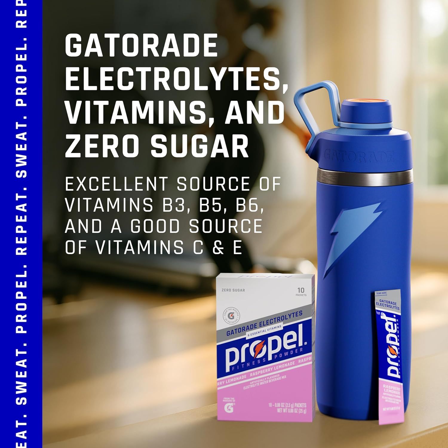 Communicates the key nutritional benefits of the Gatorade Propel product, emphasizing its electrolytes, vitamins, and zero sugar content to appeal to…