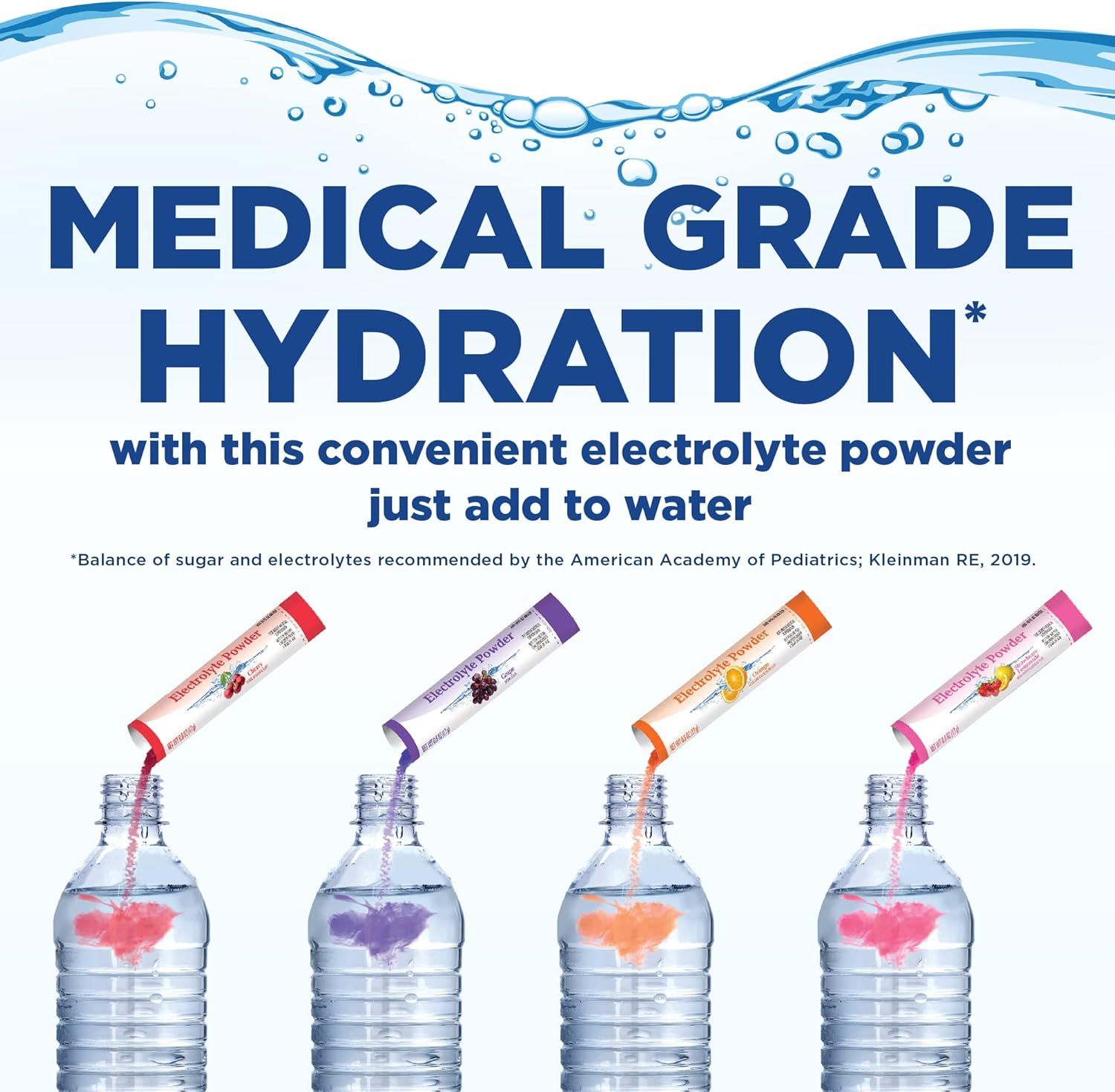 Showcases the brand's electrolyte powder product line with multiple flavor options while emphasizing the medical-grade quality and professional endorsement to…