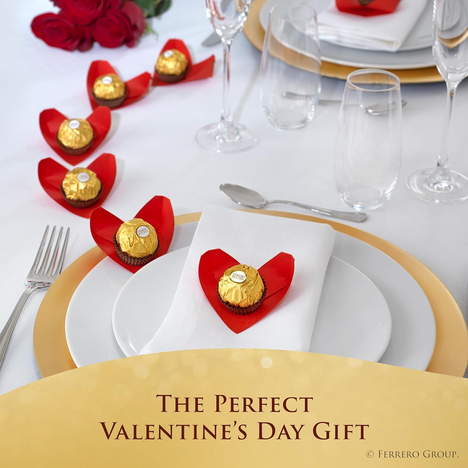 Positions the product as the perfect Valentine's Day gift through romantic styling with red roses, heart-shaped presentation, and elegant table setting to drive holiday purchase intent.