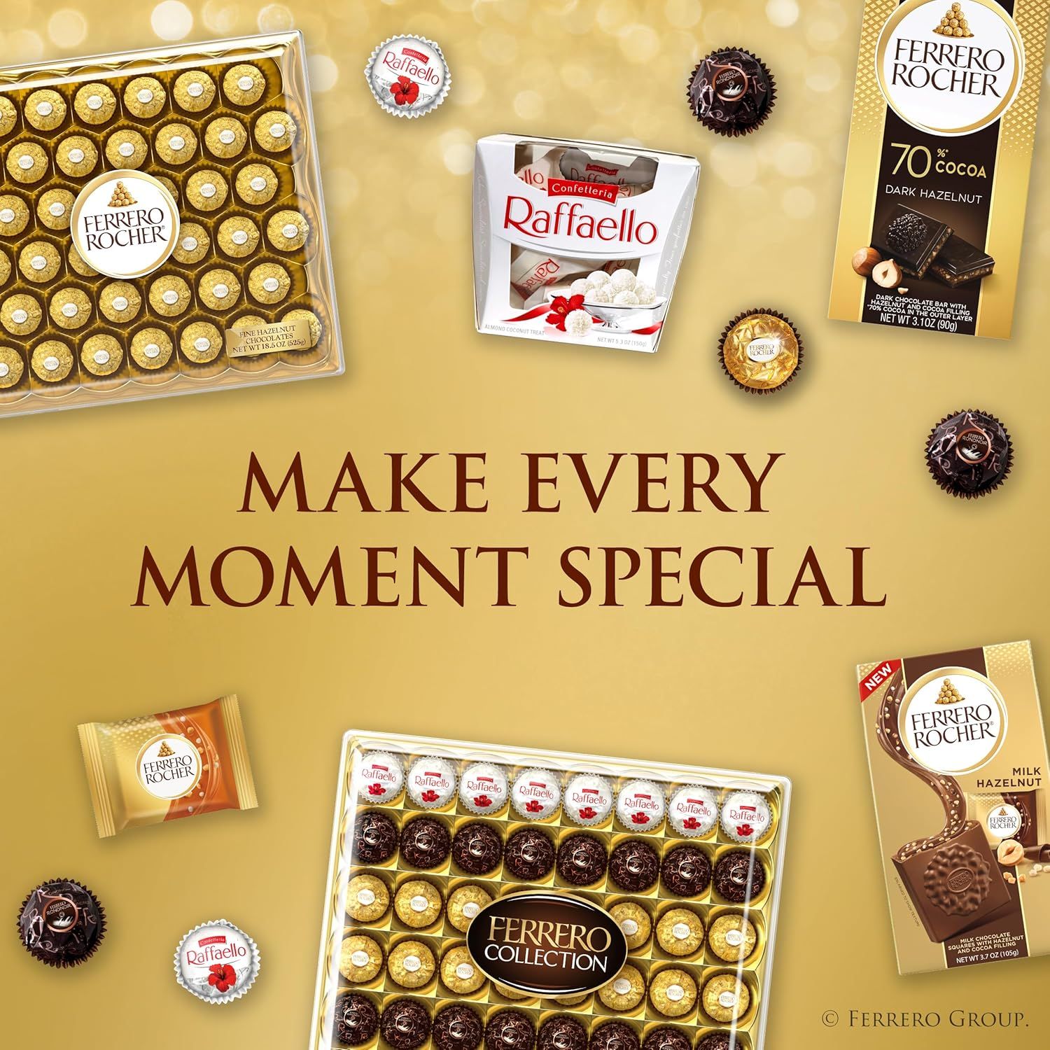 Showcases the Ferrero Rocher brand's product lineup and variety, reinforcing brand identity and emotional messaging with 'Make Every Moment Special' to position the products as premium gifting…