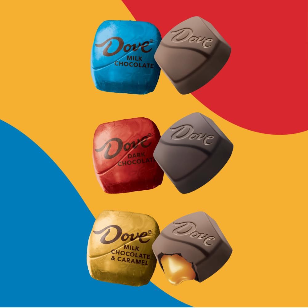 Displays the Dove chocolate product line with multiple flavor options (Milk Chocolate, Dark Chocolate, Milk Chocolate & Caramel) to help shoppers understand the variety available and choose their…