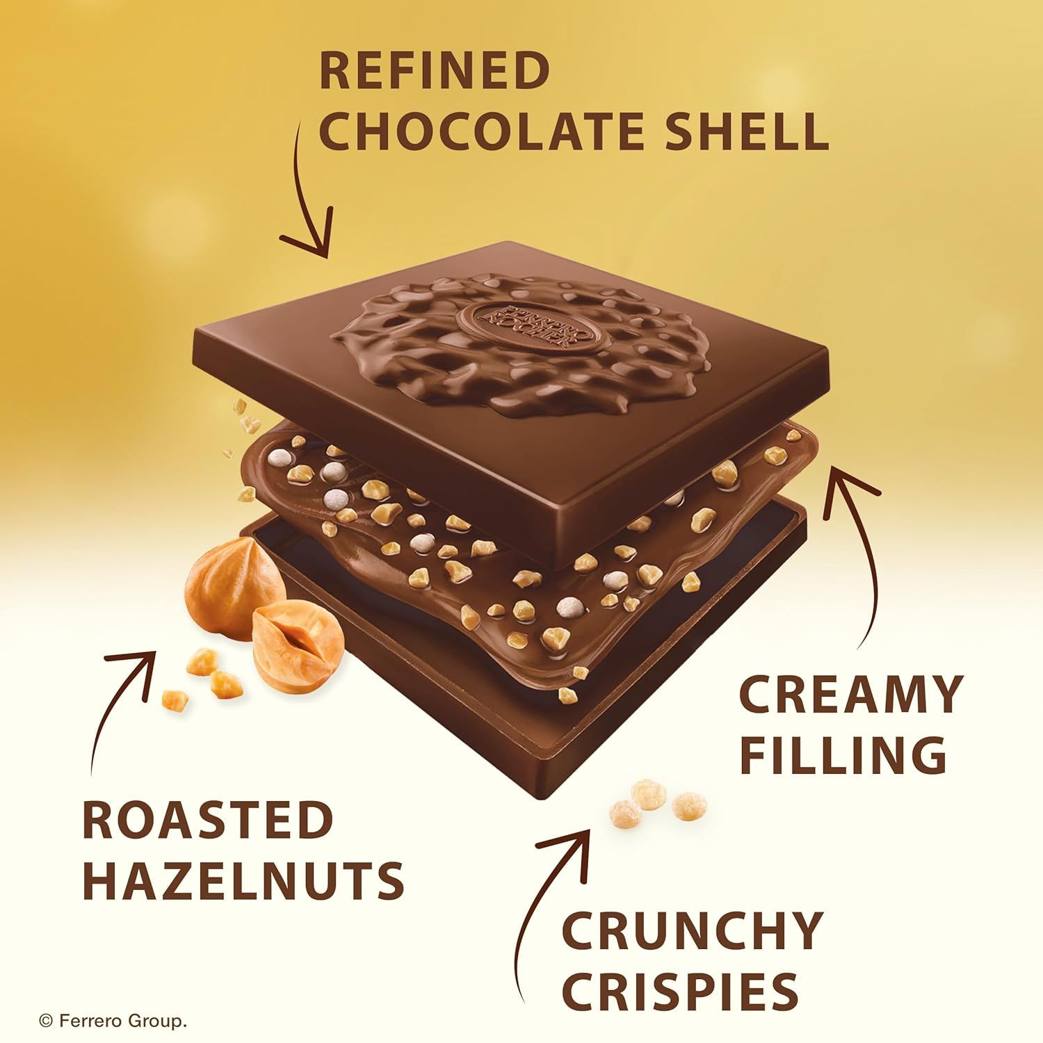 This image breaks down the physical layers and components of the chocolate product to show shoppers what's inside and how it's constructed, highlighting the premium ingredients and multi-layered…