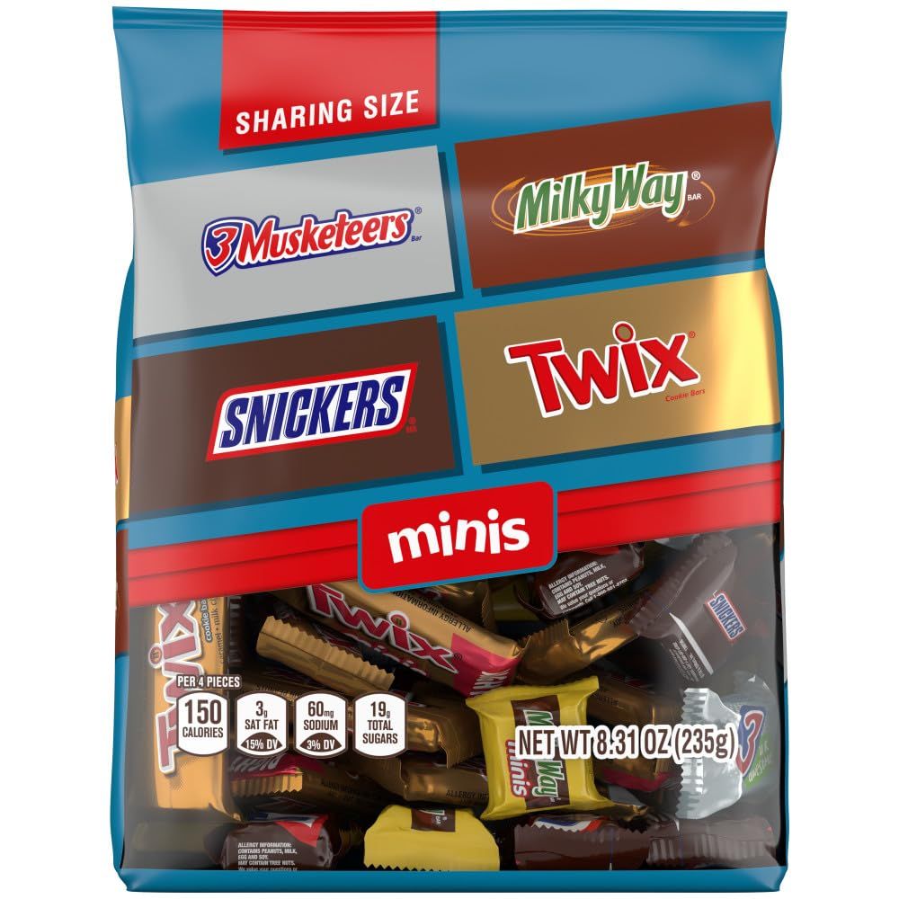 Showcases the variety of candy brands included in this sharing-size minis pack (3 Musketeers, Milky Way, Snickers, Twix), helping shoppers understand the product lineup and variety they'll receive.
