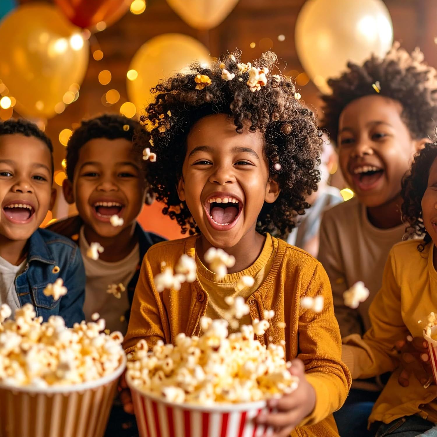 Showcases the product (popcorn) being enjoyed in a joyful, real-world celebration context with children at a party, creating emotional connection and demonstrating the product's role in happy moments.