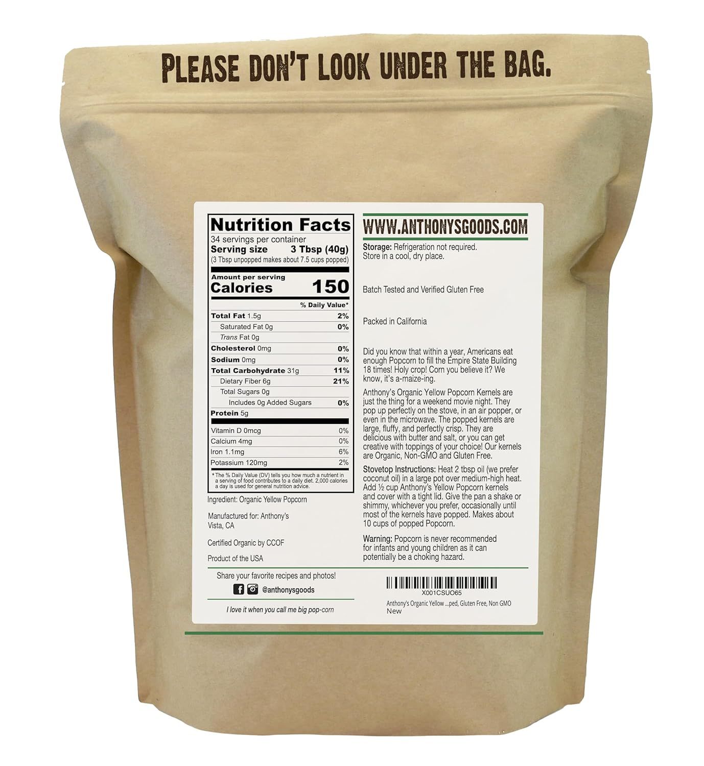 Shows the back of the product packaging with nutrition facts, ingredient information, and brand details to inform shoppers about product contents and specifications.