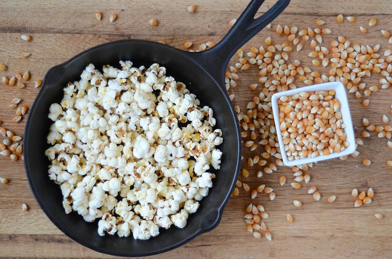 Demonstrates the product's effectiveness by showing the transformation from unpopped corn kernels to fully popped popcorn, proving the quality and yield of…
