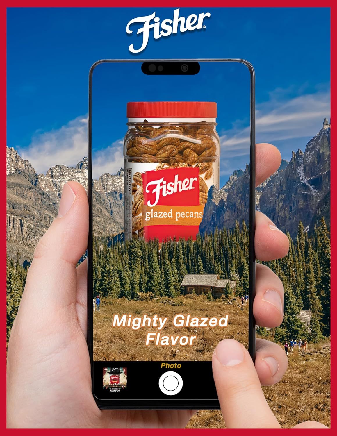 Highlights the bold, glazed flavor of the pecans in an engaging, lifestyle-oriented visual to attract shoppers and emphasize taste appeal.