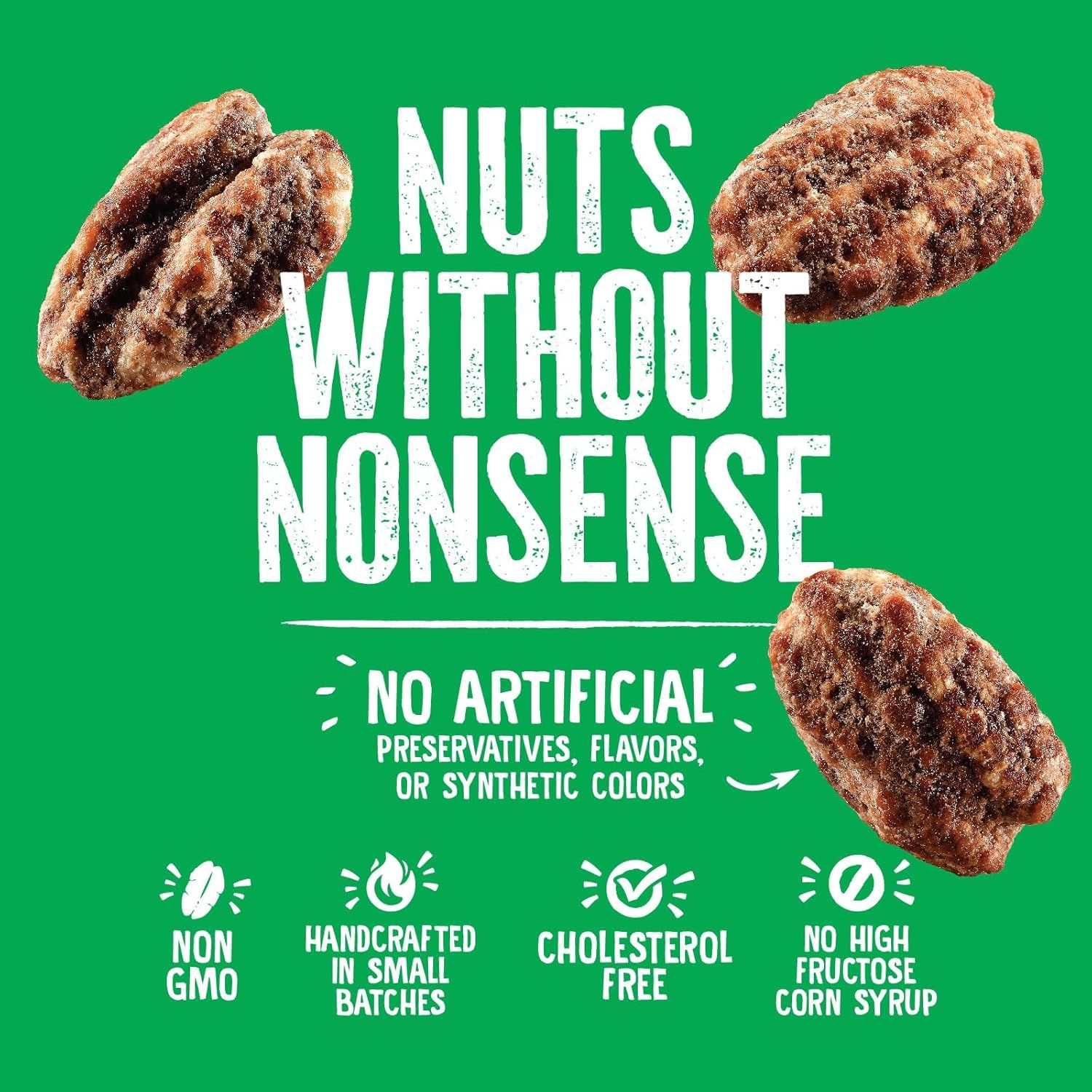 Communicates multiple health and quality benefits of the product through a segmented layout with icons, emphasizing natural ingredients and clean label attributes to appeal to health-conscious…