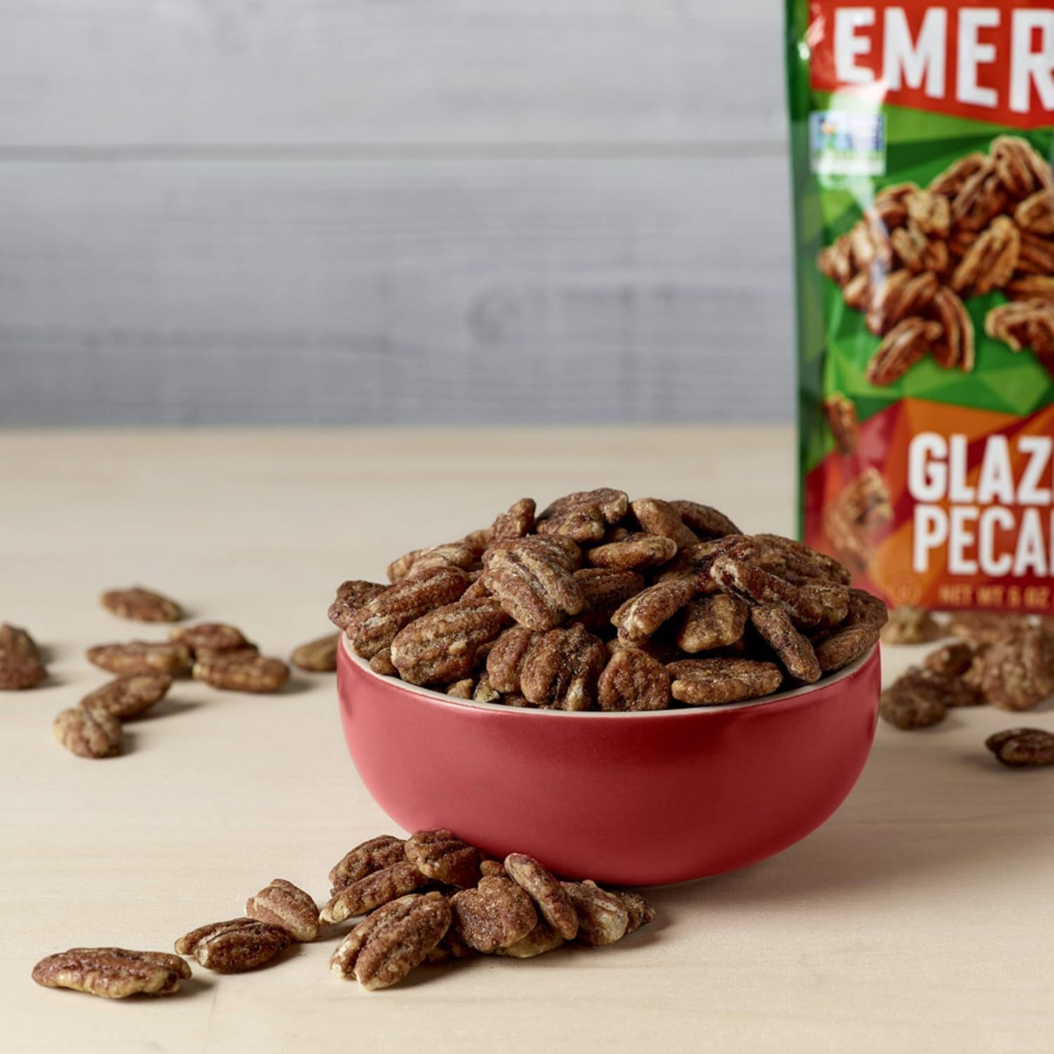Showcases the glazed pecans in an appealing, real-world setting to help shoppers visualize the product served in their own home.