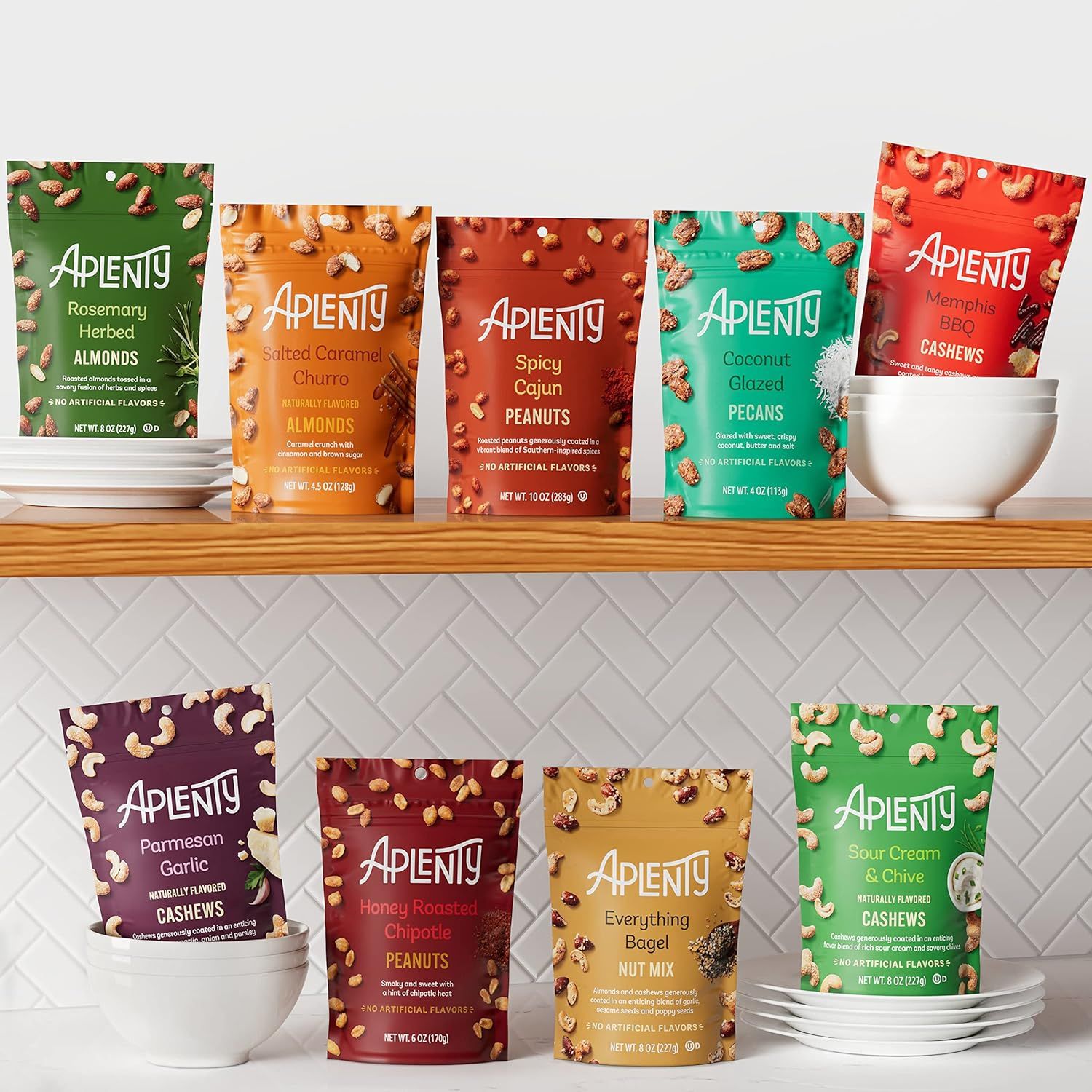 Displays the full range of Aplenty flavored nut products to help shoppers understand the variety of options available and choose their preferred flavor.