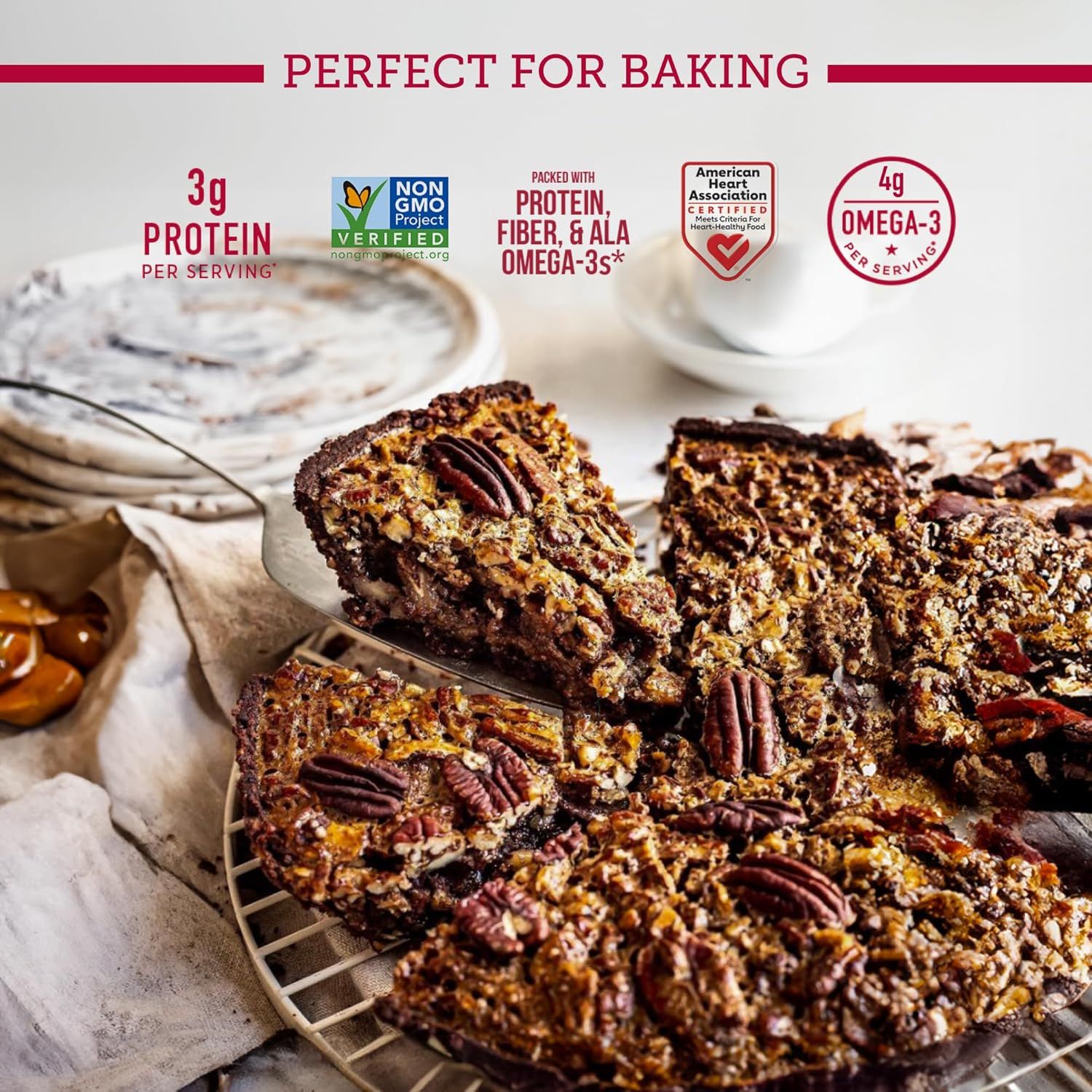 Communicates multiple nutritional benefits and certifications to position the product as a healthy baking ingredient with protein, fiber, omega-3s, and heart-health credentials.