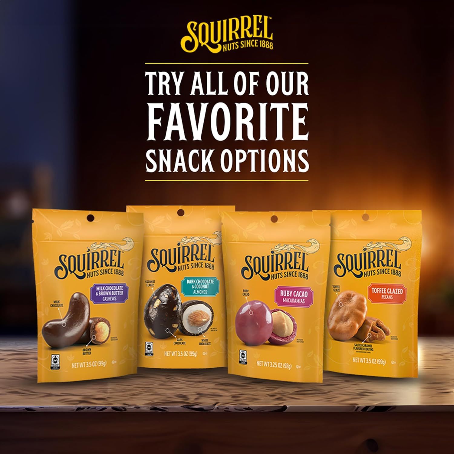 Showcases the brand's product portfolio of flavored nut snack options, encouraging shoppers to explore the variety available while reinforcing brand heritage and trust.