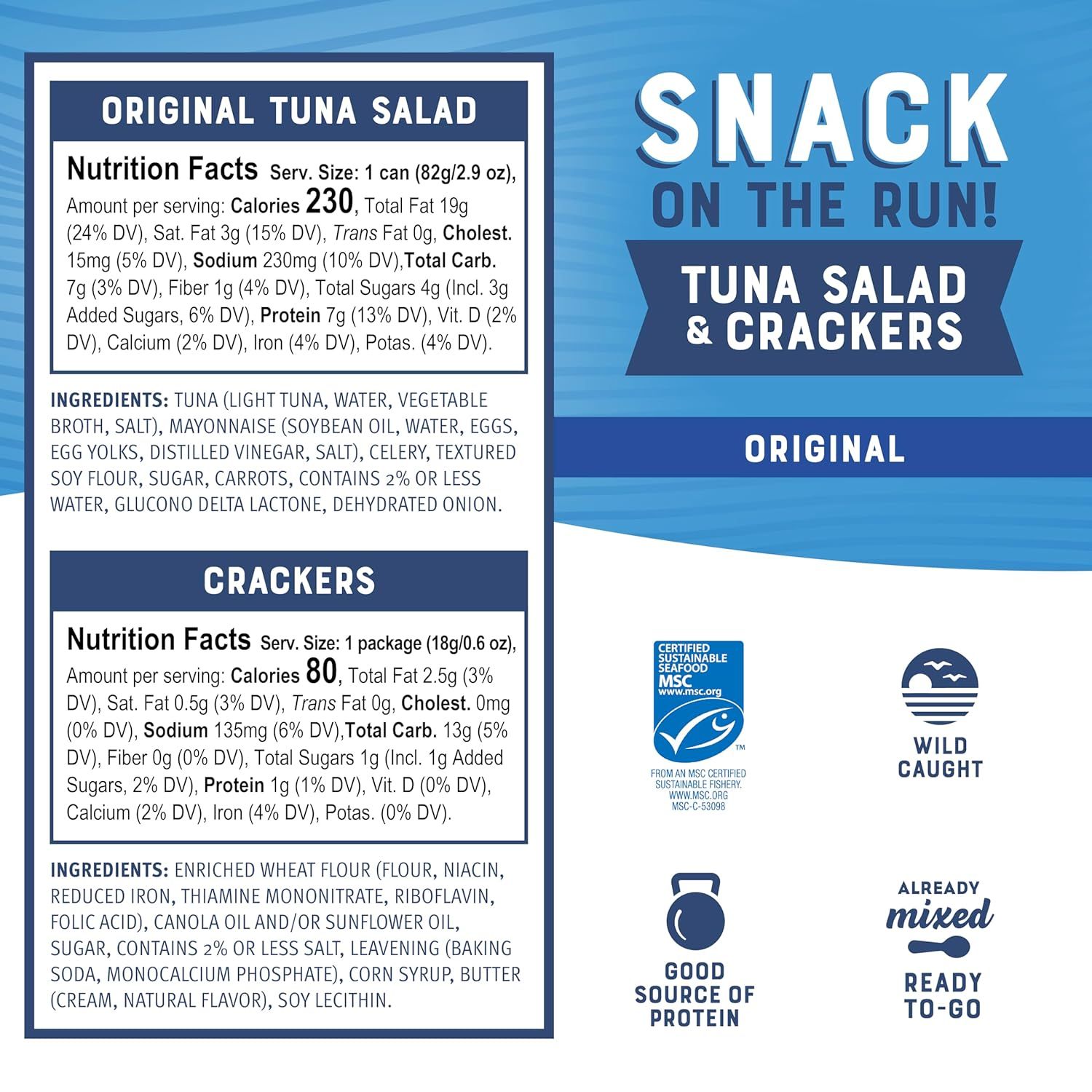 Communicates multiple selling benefits including portability, sustainability certifications, protein content, and convenience to position the product as a healthy, responsible, grab-and-go meal…