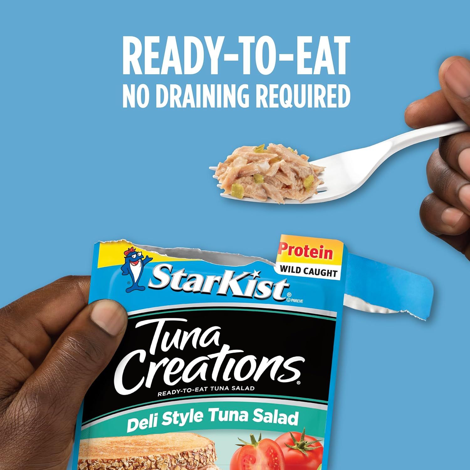 Communicates the convenience benefit of the product being ready to eat straight from the package with no draining or preparation required.