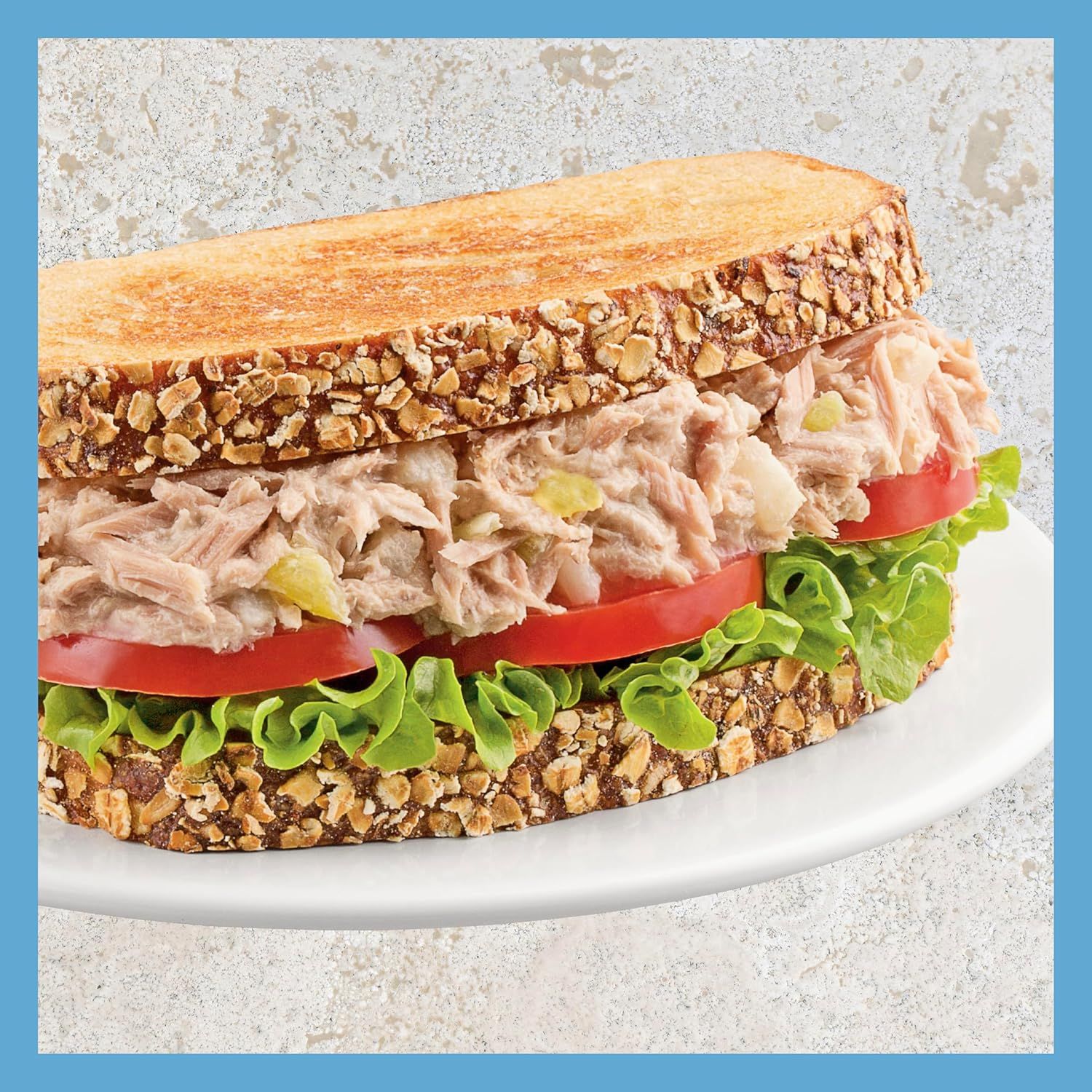 Showcases the sandwich product in an appetizing, real-world setting to help shoppers visualize the product and its fresh ingredients.