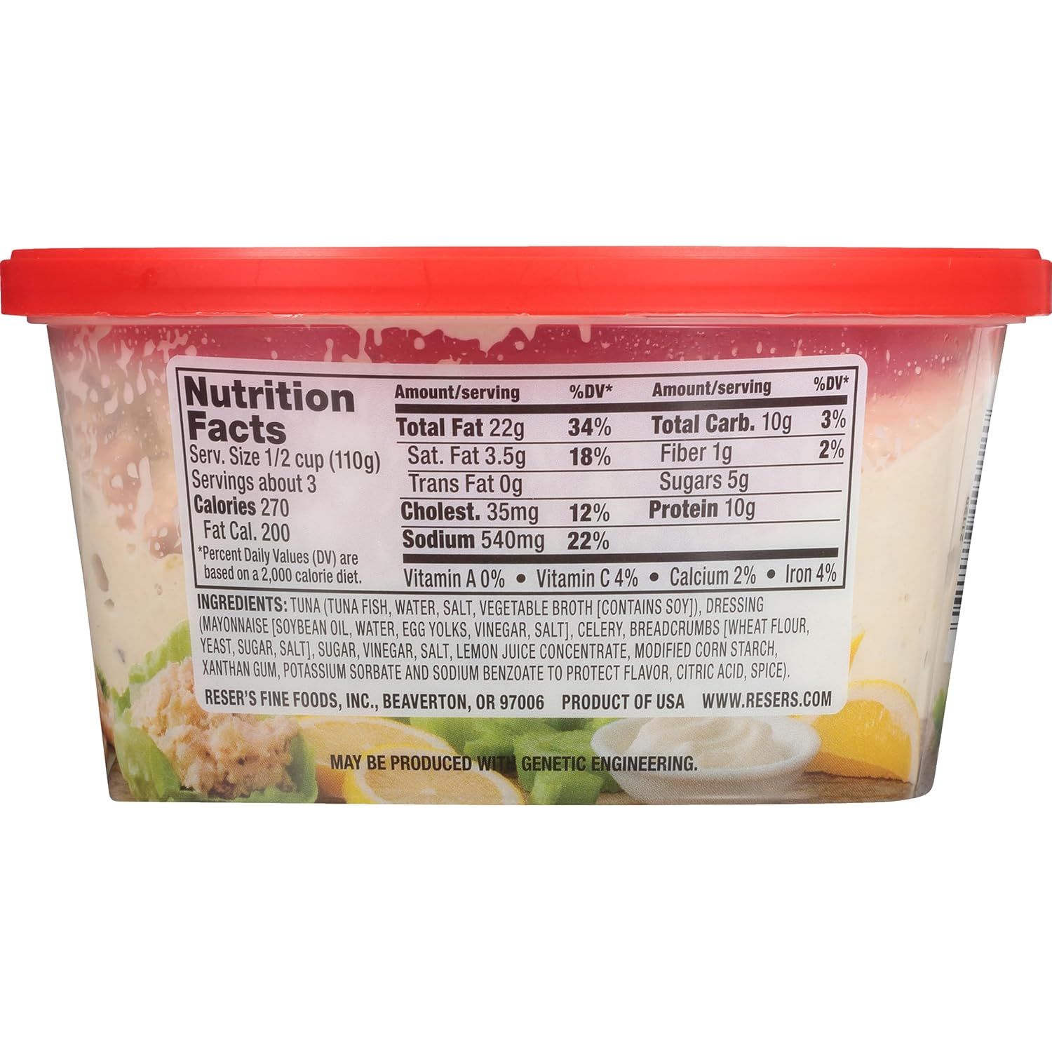 Displays the product packaging with nutrition facts and ingredients to inform shoppers about nutritional content and product details.
