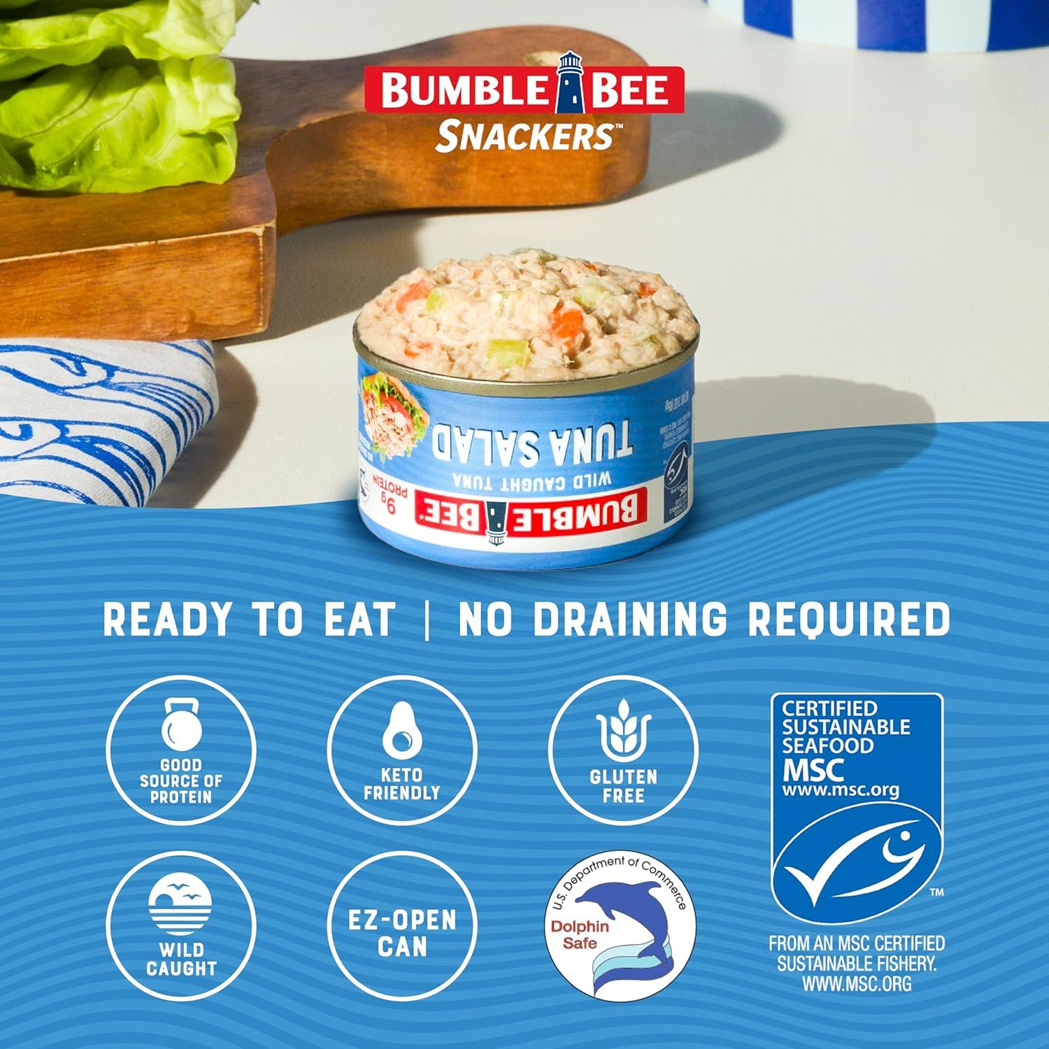 Communicates multiple distinct product benefits and certifications in a segmented layout to reassure shoppers about convenience, dietary compatibility, quality sourcing, and sustainability.
