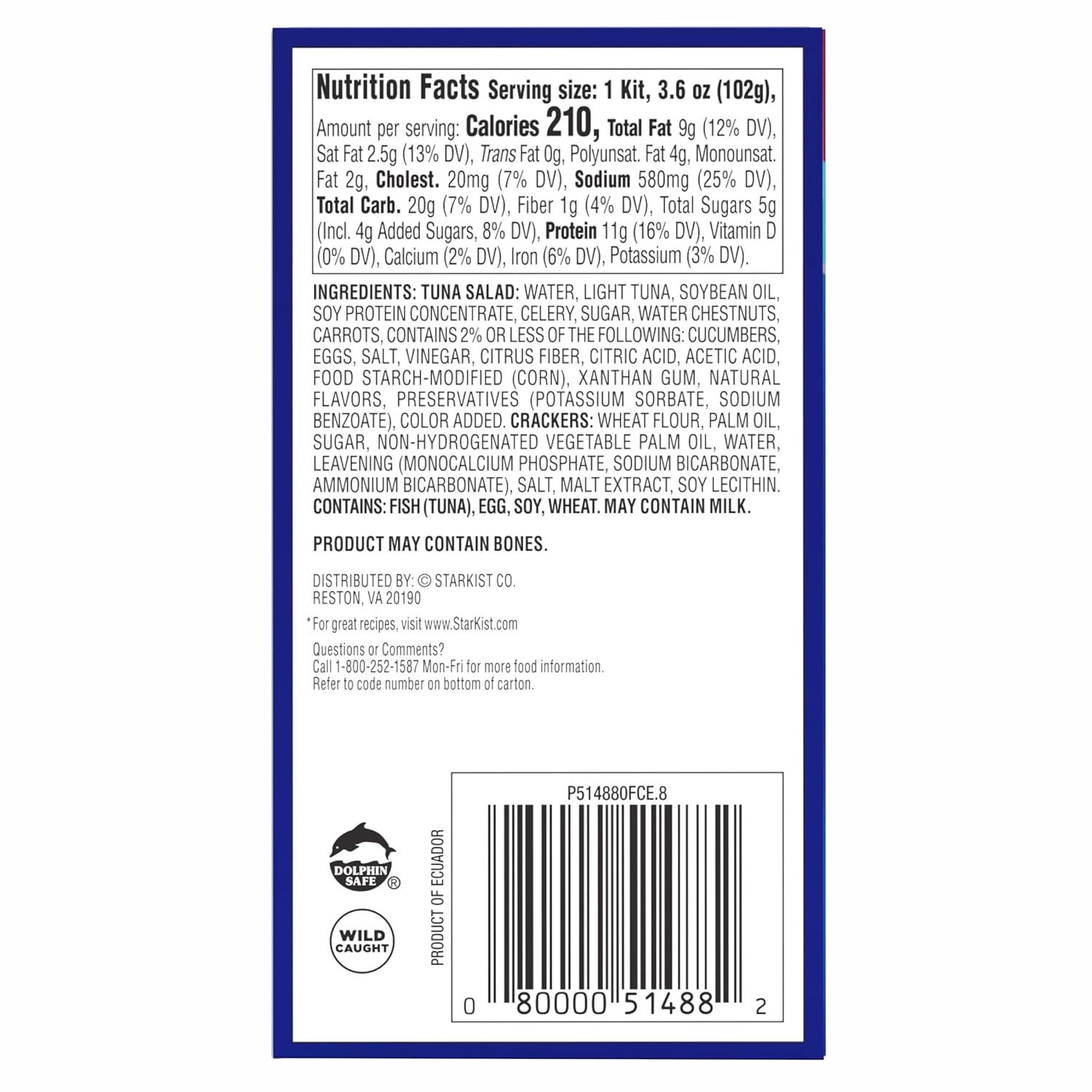 Communicates safety certifications (Dolphin Safe, Wild Caught) and allergen/ingredient transparency to reassure shoppers about product sourcing and dietary considerations.