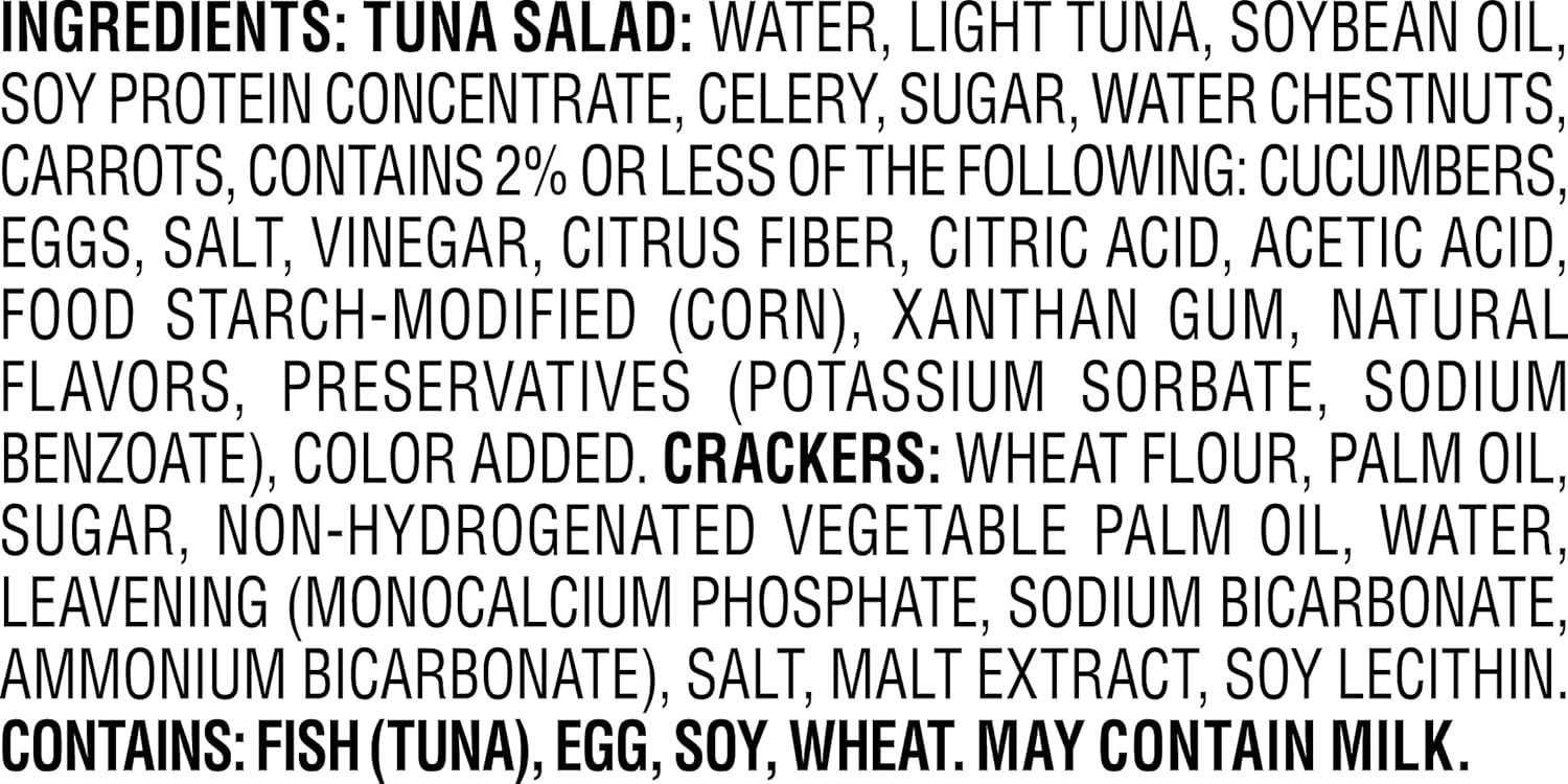 Provides detailed ingredient transparency for both the tuna salad and crackers, along with allergen warnings, to inform shoppers about product contents and help them make informed dietary decisions.