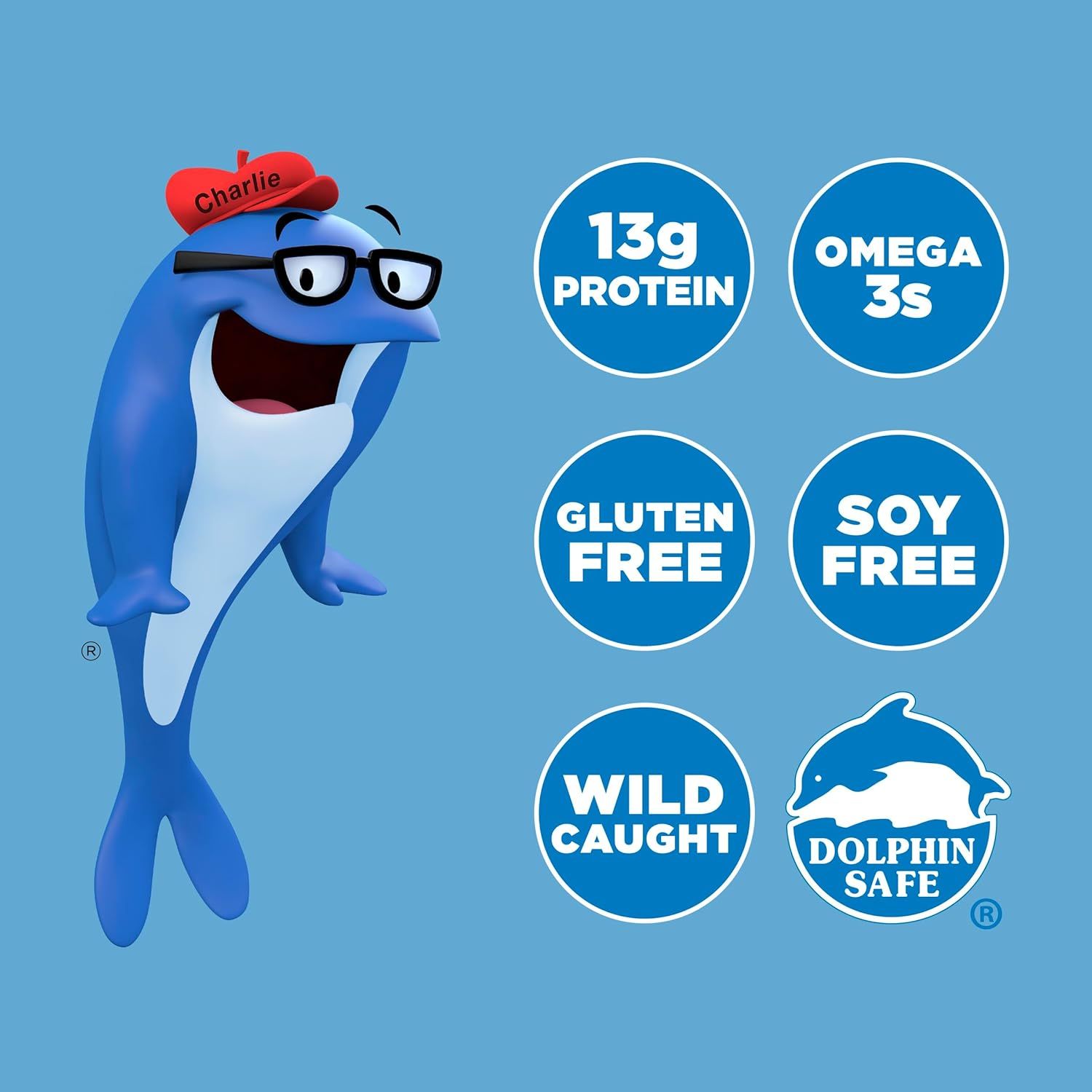 Communicates multiple nutritional benefits and certifications of the tuna product to reassure health-conscious shoppers about protein content, dietary restrictions, and ethical sourcing.
