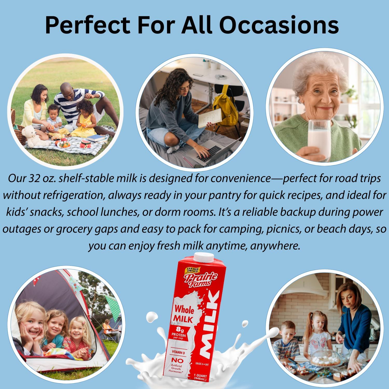 Demonstrates the product's versatility by showing multiple real-world scenarios where the shelf-stable milk is useful—family picnics, work-from-home, elderly consumption, camping trips, and family…