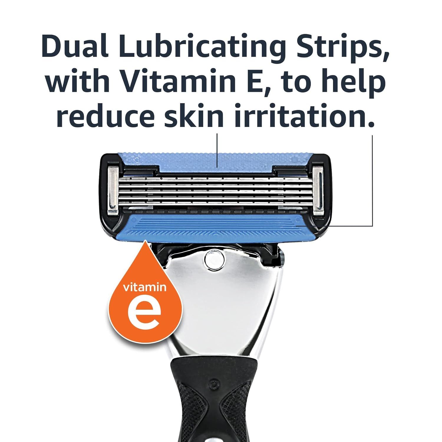 Highlights the physical components of the razor blade, specifically the dual lubricating strips with Vitamin E, to communicate the product's skin-soothing and…