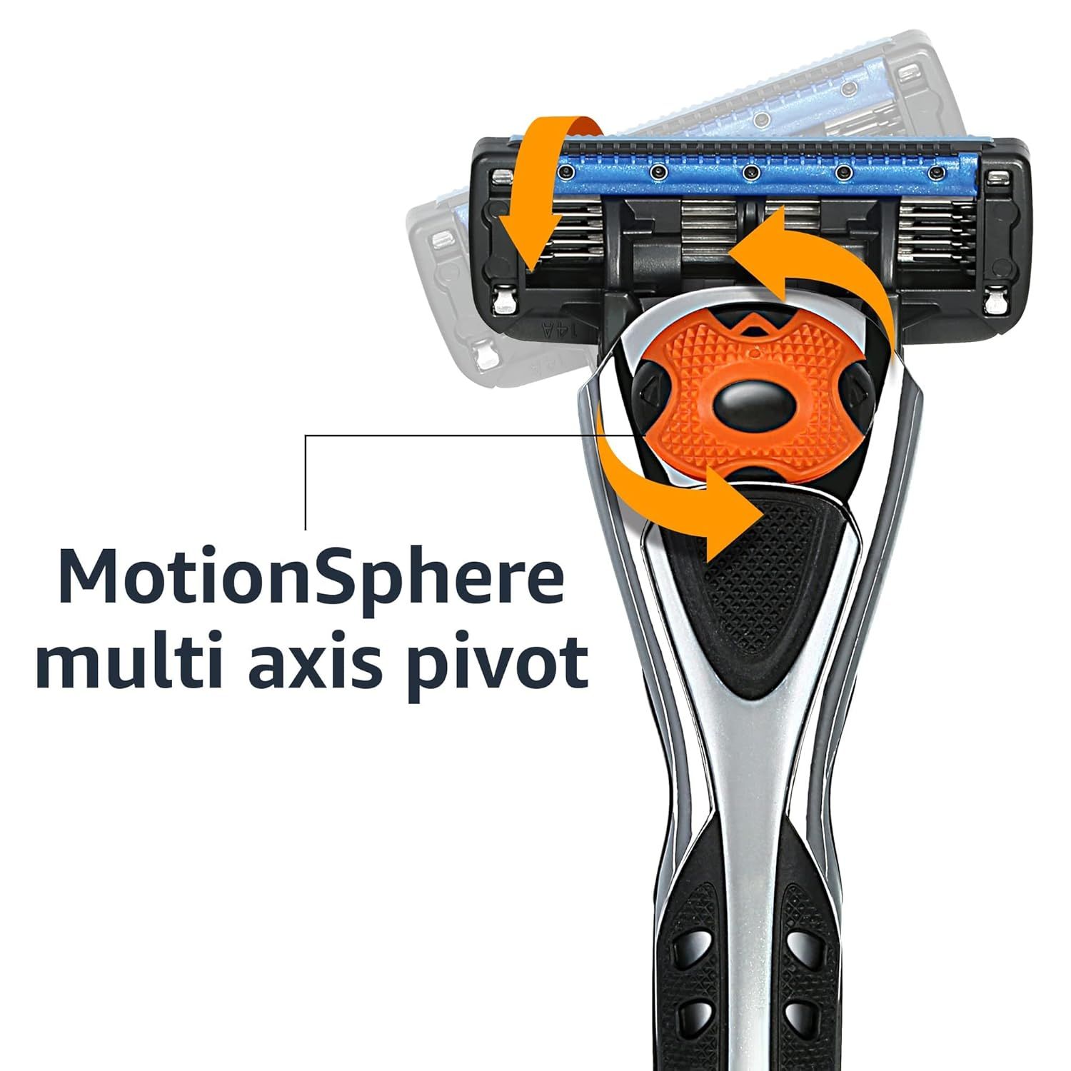 Highlights the razor's pivoting mechanism to show how the head moves flexibly for better shaving coverage and comfort. Communicates the key benefit of the…