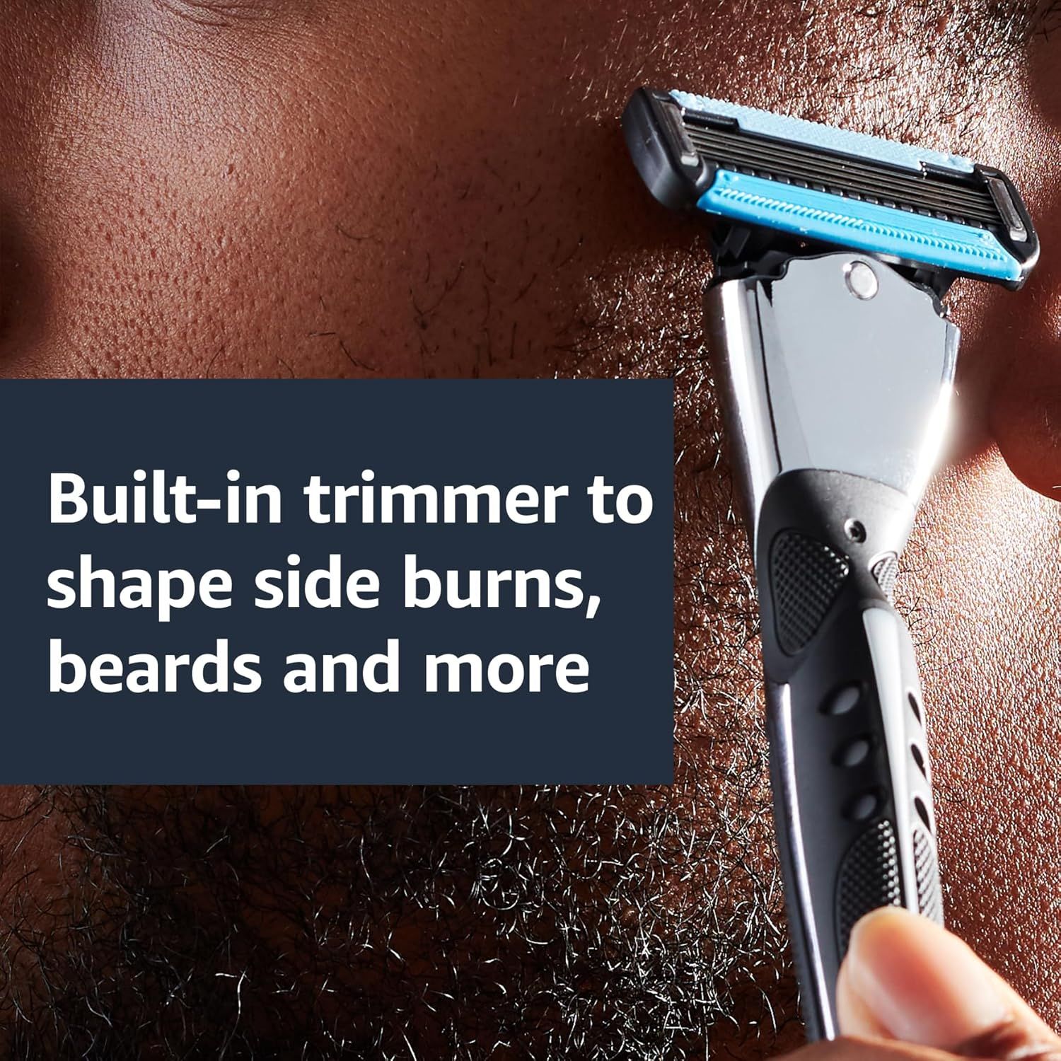 Highlights the built-in trimmer feature that allows users to shape sideburns, beards, and more, emphasizing versatility and convenience.