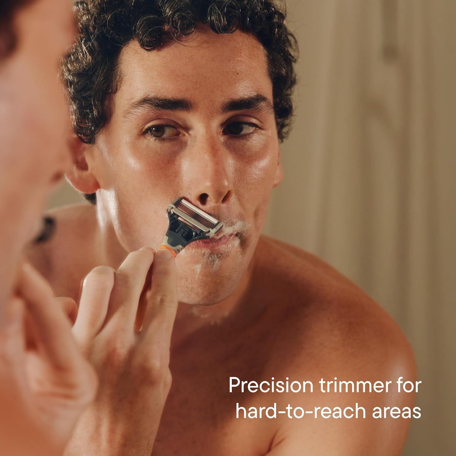 Demonstrates the product's precision trimming capability for difficult facial areas, showing the product in real-world use to reassure shoppers of its…