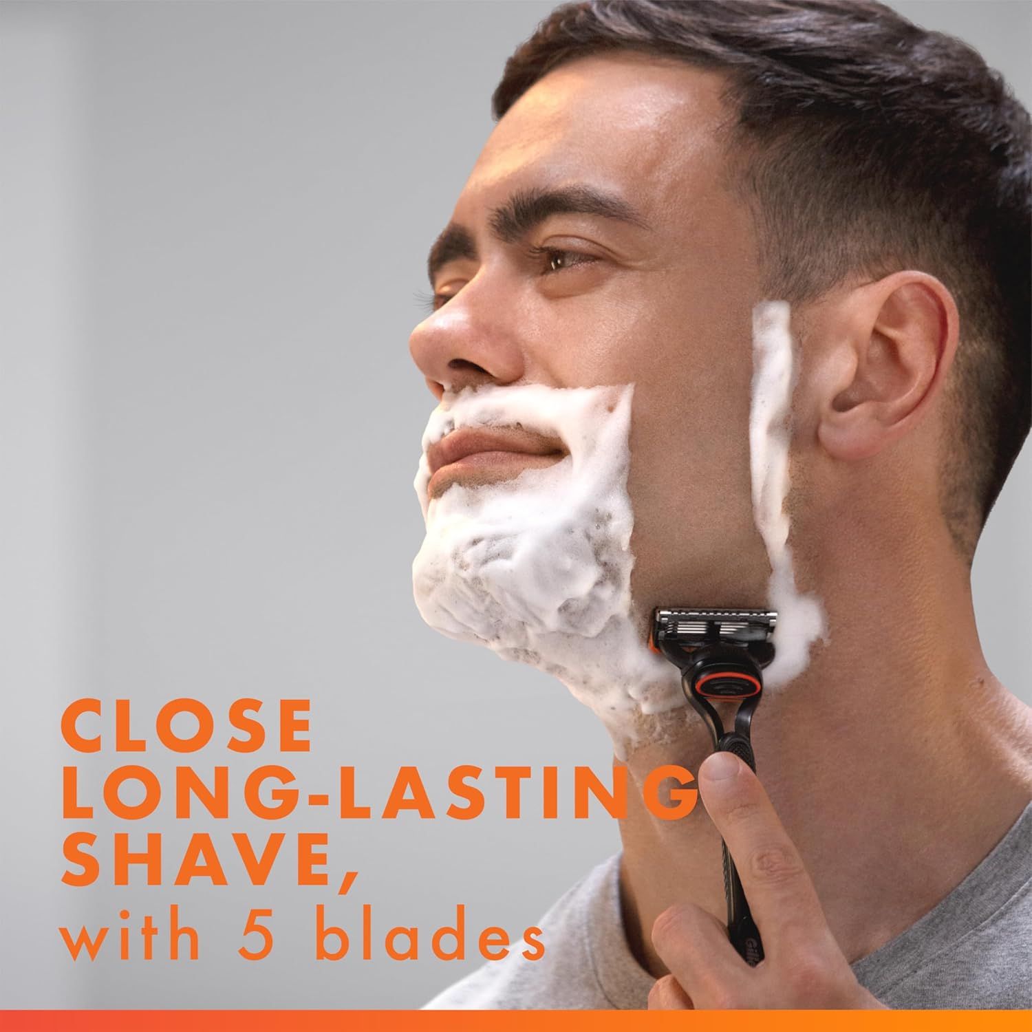 Communicates the product's ability to deliver a close, long-lasting shave using 5 blades, reassuring shoppers of quality shaving performance.