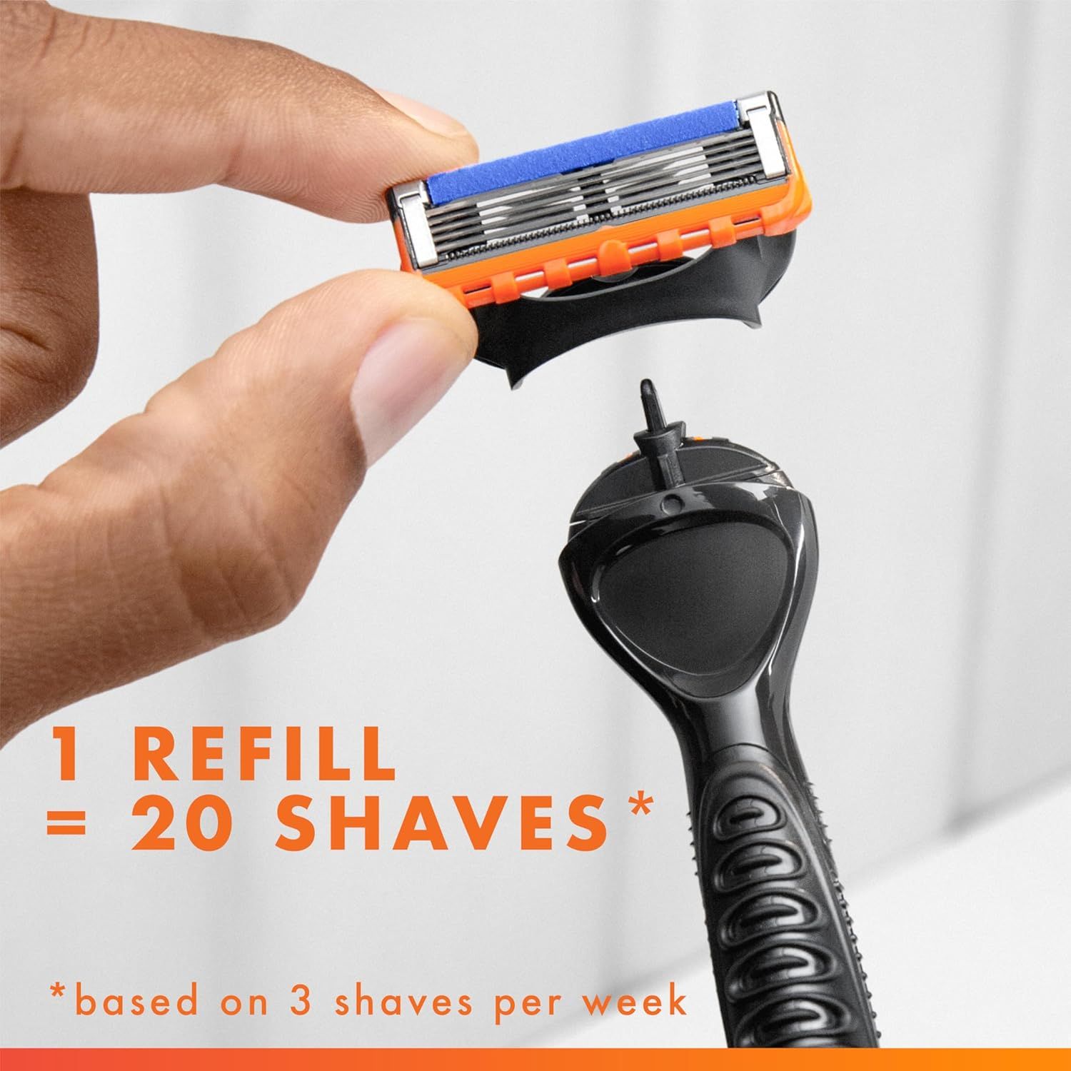Communicates the value proposition that one refill cartridge lasts for 20 shaves, helping shoppers understand the product's longevity and cost-effectiveness.…