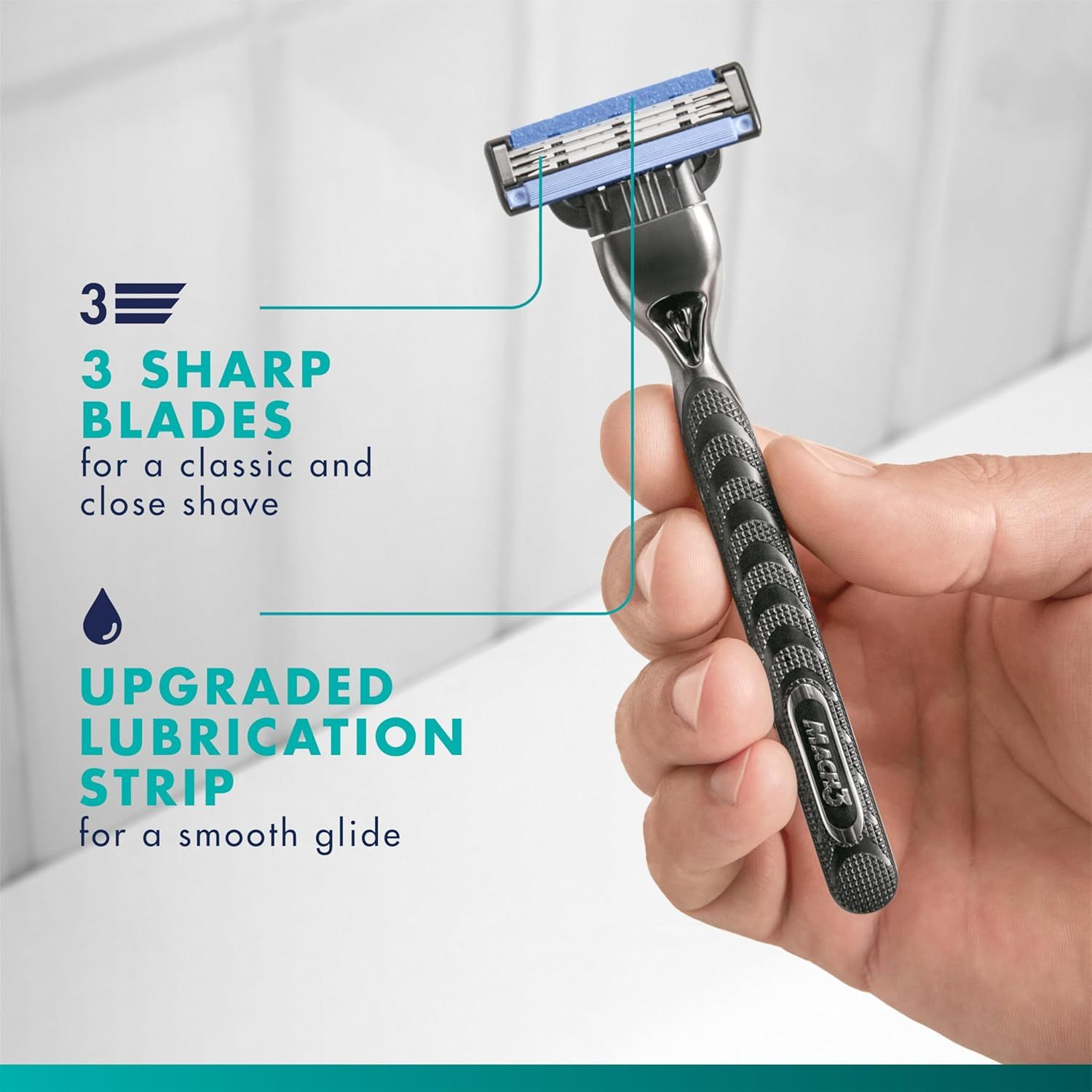 Breaks down the razor's key physical components—the 3-blade cartridge and lubrication strip—to educate shoppers on what makes the product effective for a…