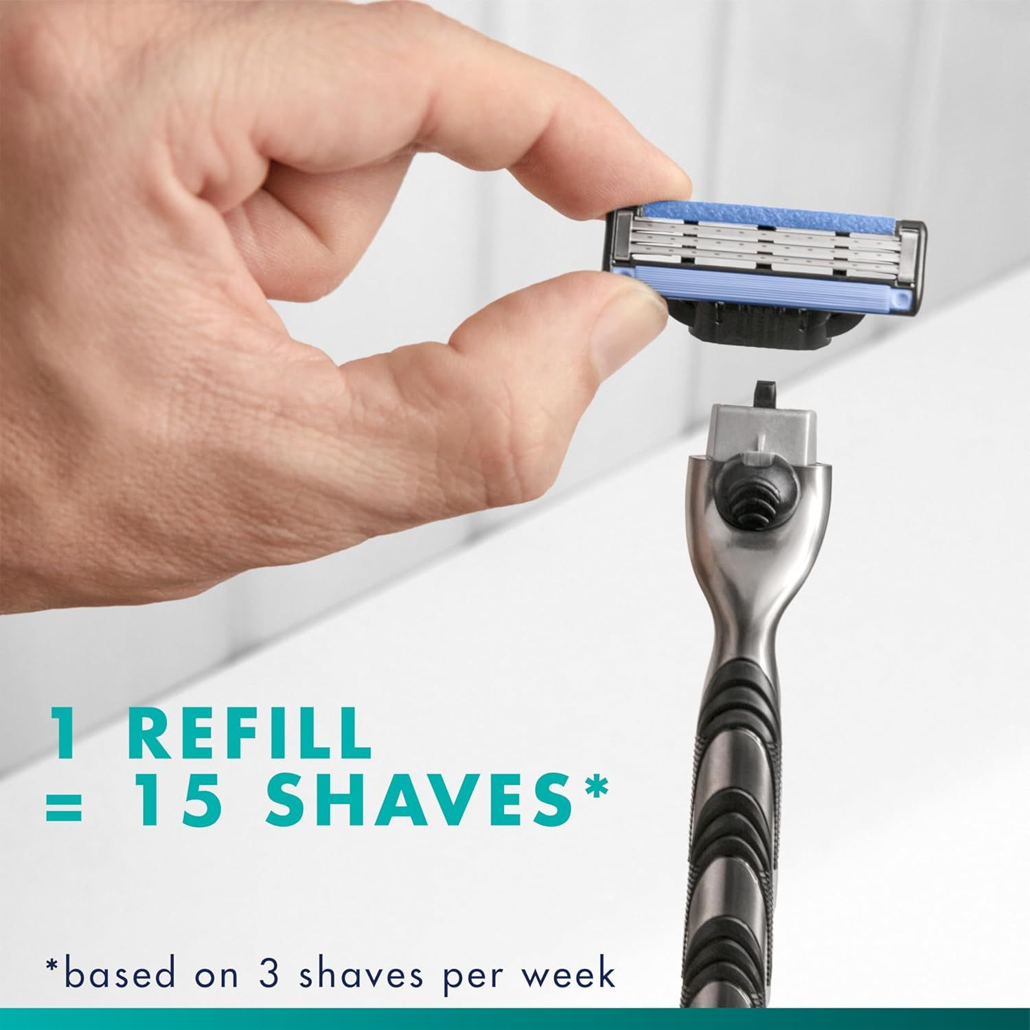Communicates the efficiency and value of the razor refill by quantifying how many shaves a customer gets from one cartridge, helping shoppers understand…