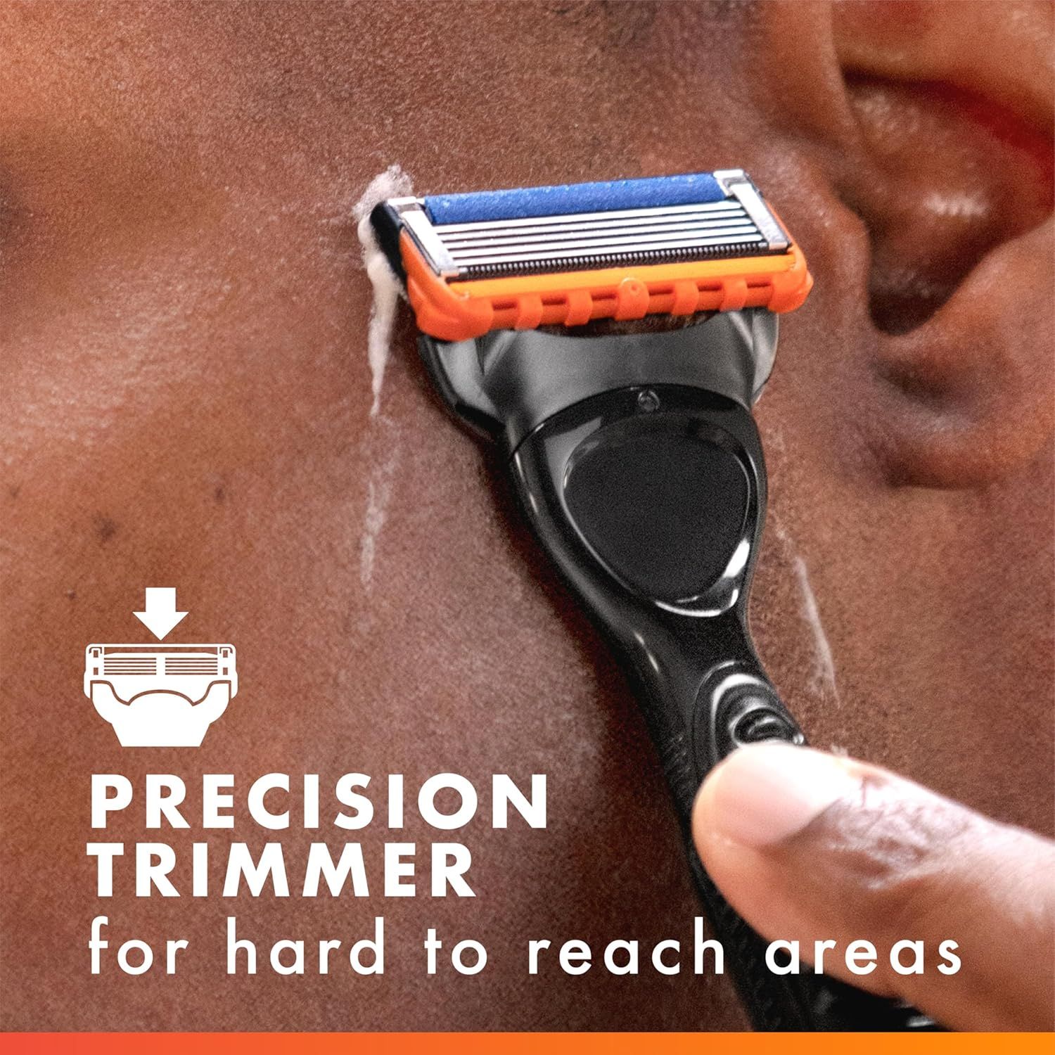 Highlights the precision trimmer feature that allows users to easily shave difficult-to-reach areas, emphasizing convenience and functionality.