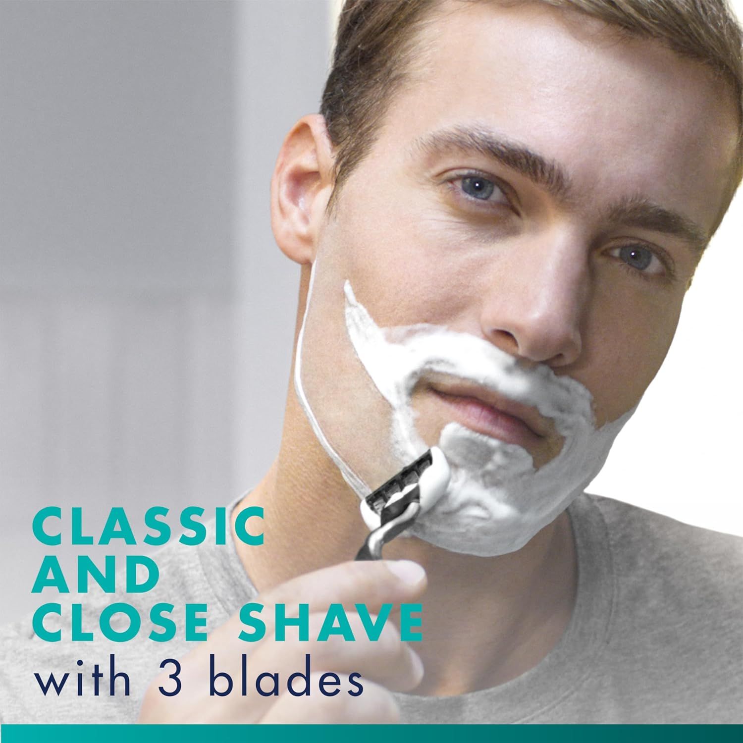 Communicates the product's ability to deliver a traditional, close shaving experience using a 3-blade system, appealing to shoppers seeking quality shaving…