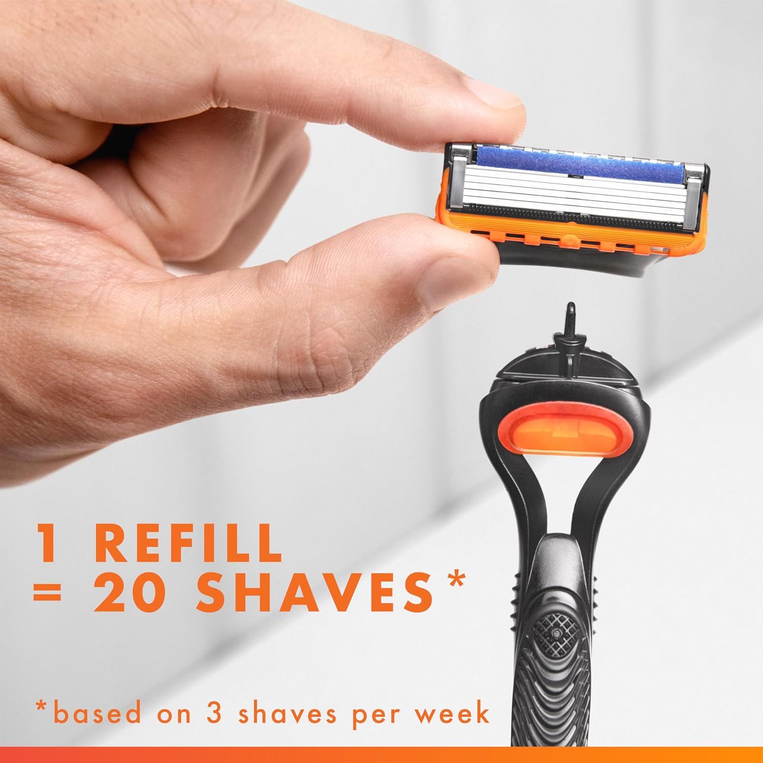 Communicates the value and longevity of the razor refill by quantifying how many shaves a customer can expect from one cartridge, helping shoppers understand…