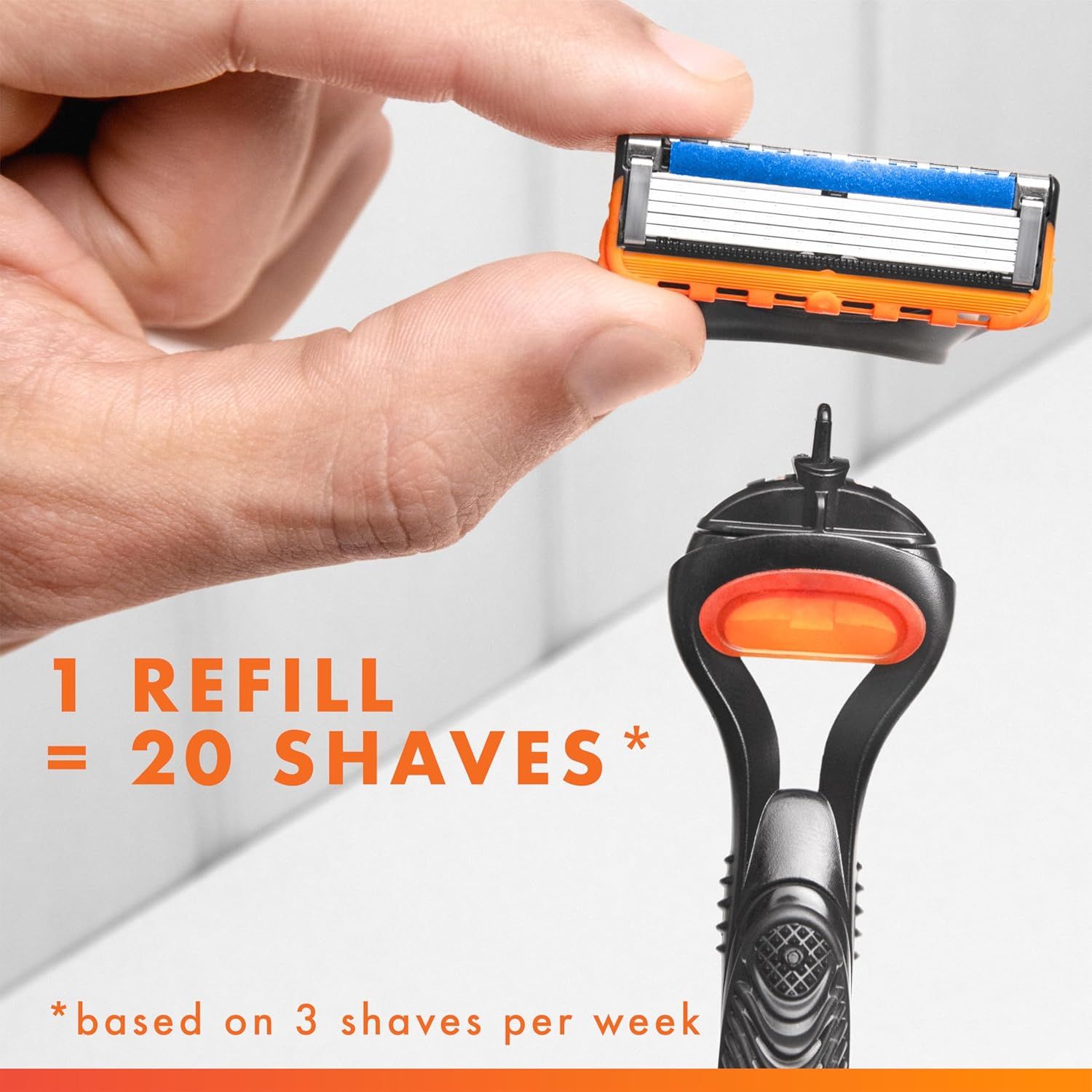 Communicates the value proposition that one refill cartridge lasts for 20 shaves, helping shoppers understand the product's cost-effectiveness and long-term…